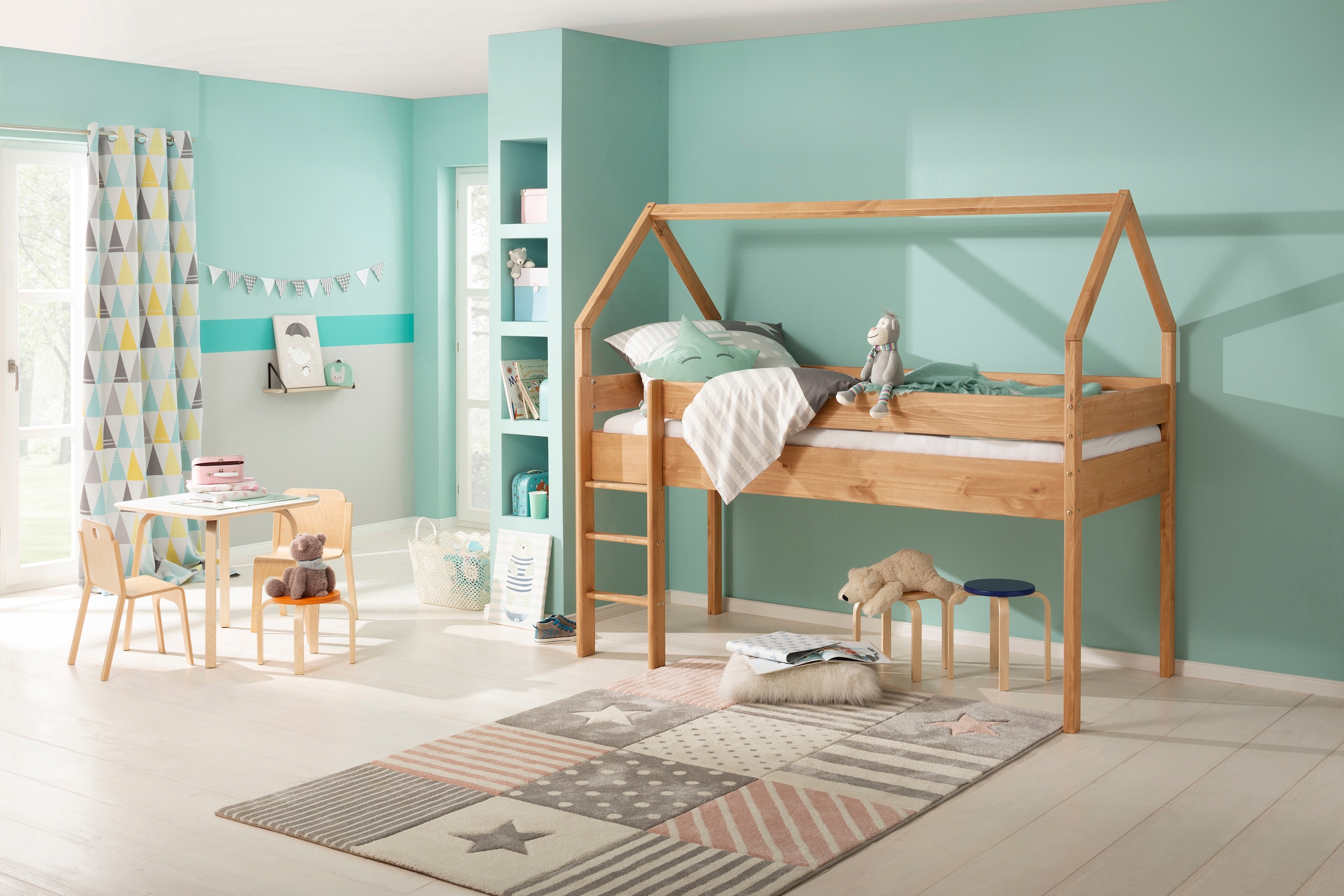Lüttenhütt Kinderbett »Alpi«, aus cm Haus-Optik Kiefernholz, einer günstig kaufen in Form, Liegefläche 90x200