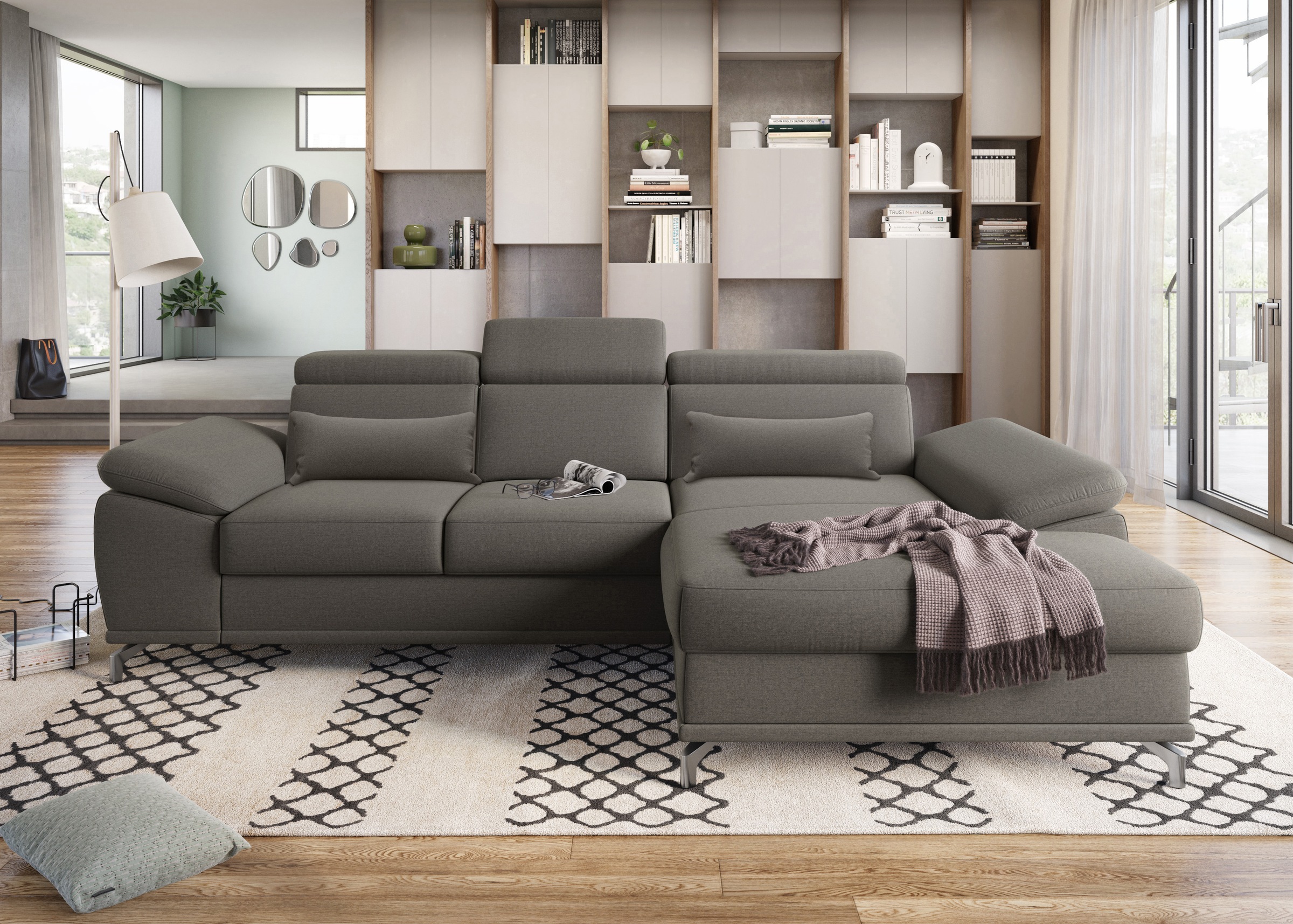 sit&more Ecksofa »Cabrio L-Form, mit Sitztiefenverstellung, Arm- und Kopfteilverstellung«, 2 Nierenkissen, Federkern, optional Bettfunktion und Stauraum