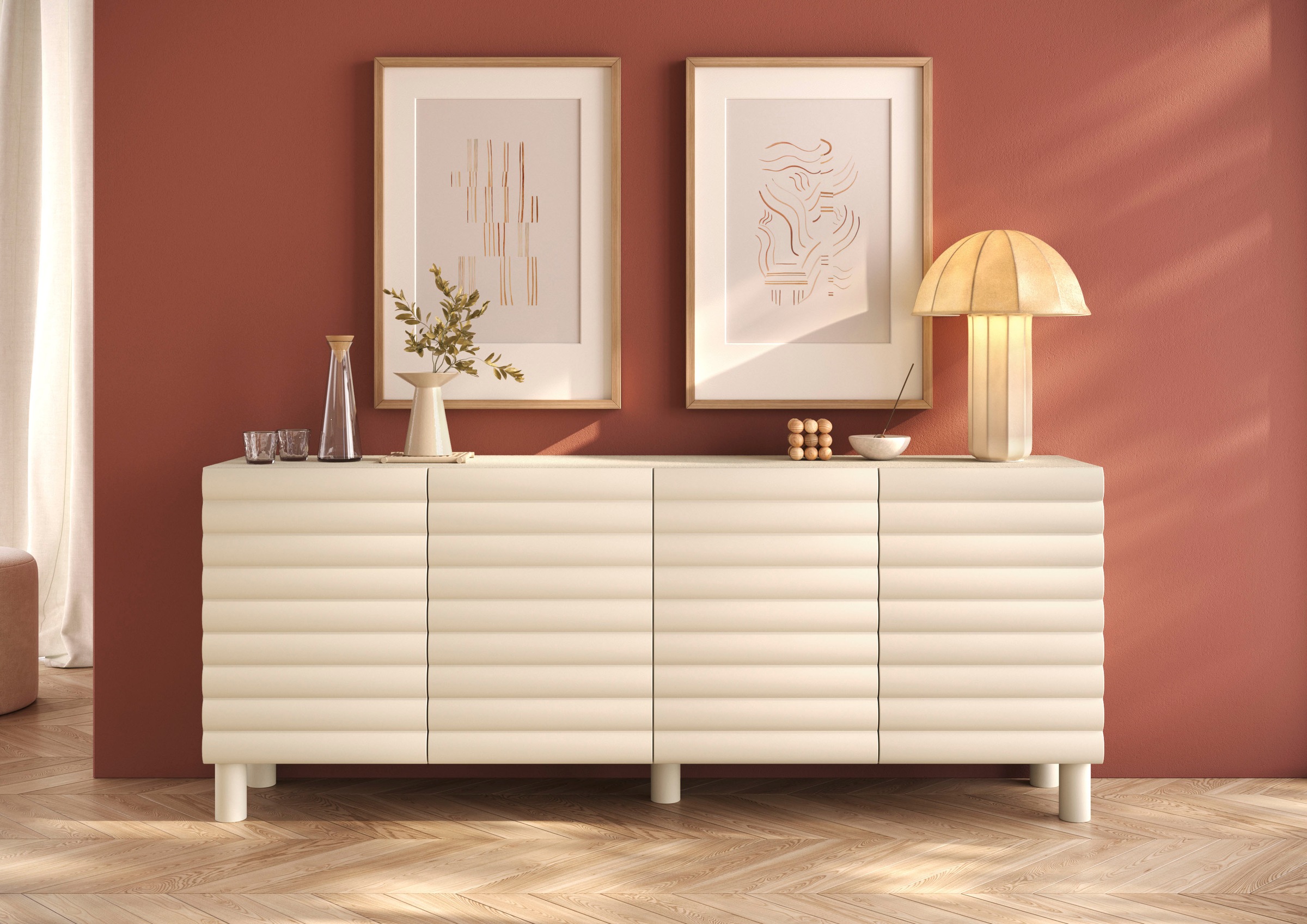 Image of GOODproduct Sideboard "Adria, 202 cm breit, 4 Türen, Anrichte, Kommode, Stauraumschrank" Korpus Talco Spatolato, MDF-Fronten in 3D-Design, viel Stauraum