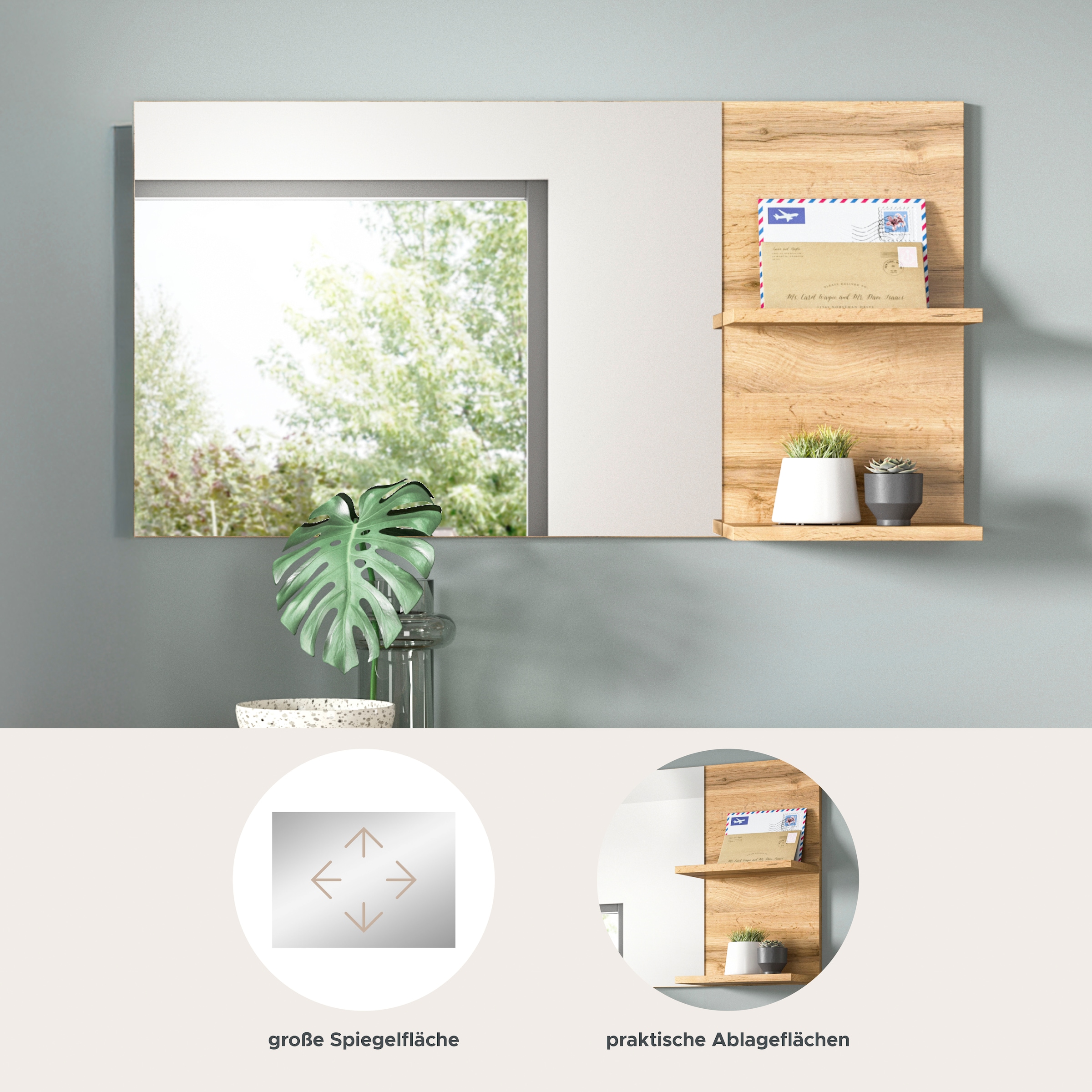 GOODproduct Spiegel »MAMBO II, Breite 99cm, 2 Ablageböden, grosse Spiegelfläche« Garderobenspiegel, Flur, Diele, Spiegel mit Ablage, Spiegelpaneel