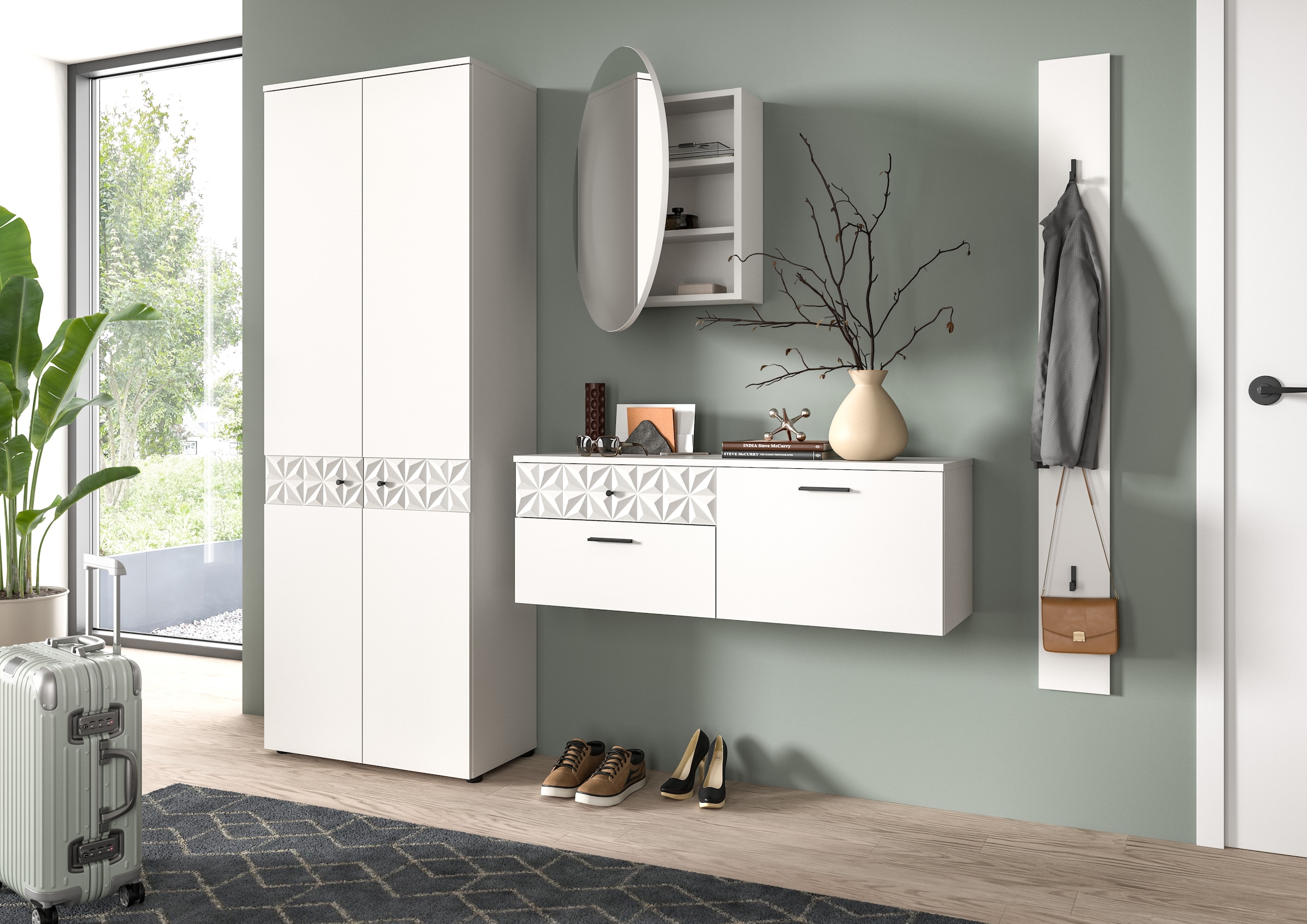 INOSIGN Garderoben-Set »VICENZA, 3-tlg., mit foraler Ornamentabsetzung in der Front«, (3 St.), best. aus.: Garderobenschrank, Schuhschrank und Spiegelschrank