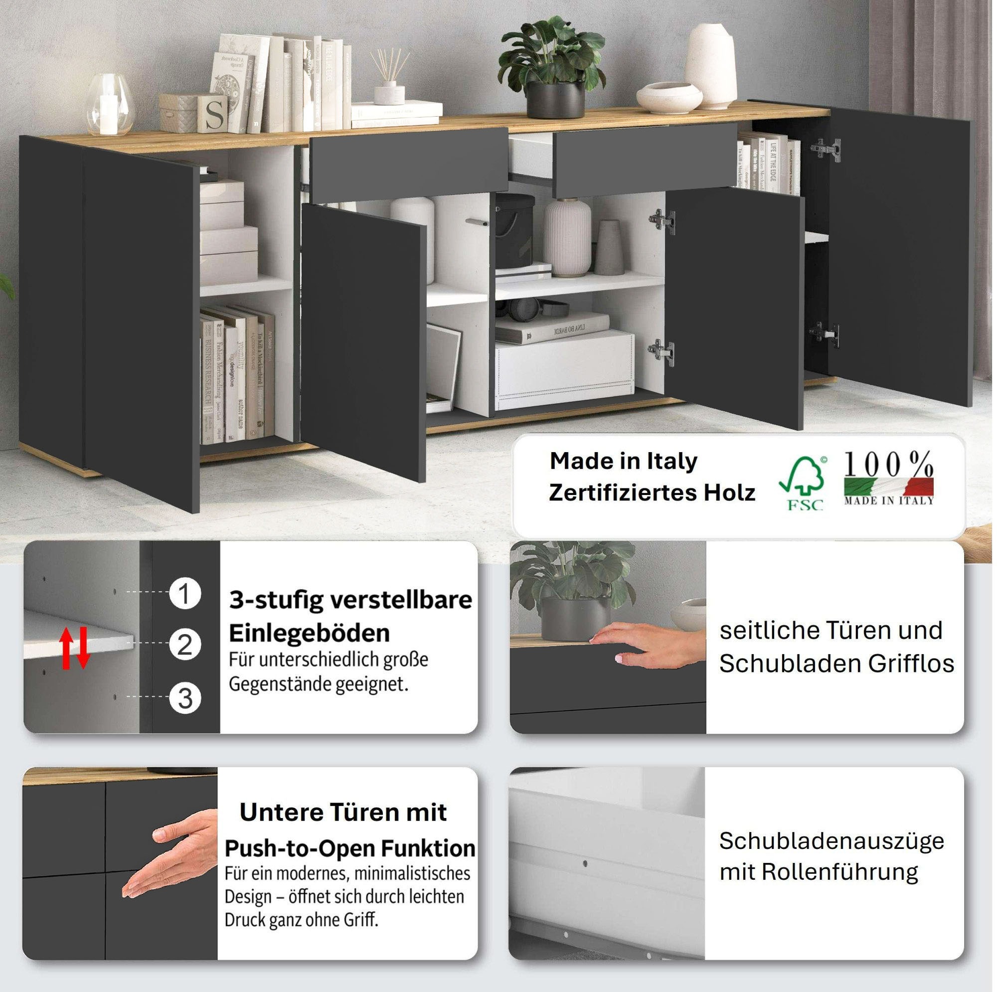 INOSIGN Sideboard »GARDA Sideboard,Kommode, Schrank, Kredenz Grifflos mit Push to Open«, (1 St.), 4 Türen, 2 Schubladen, grifflos Breite 200 cm