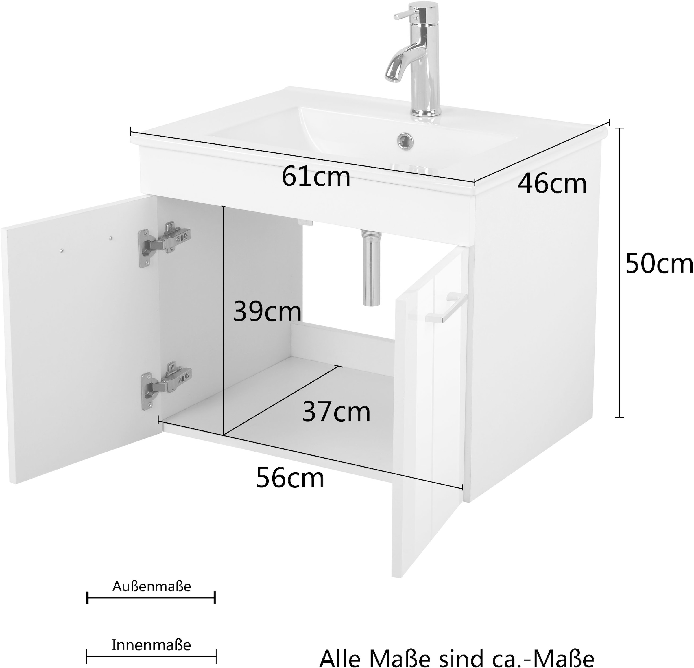 welltime Table de lavage »Florenz, Breite 60cm, 2 Tür, 2 Fächer, MDF-Front« Set, Waschtisch inklusive Waschbecken,  Waschplatz mit 2 Türen,in verschiedenen Farben erhältlich, Badmöbel
