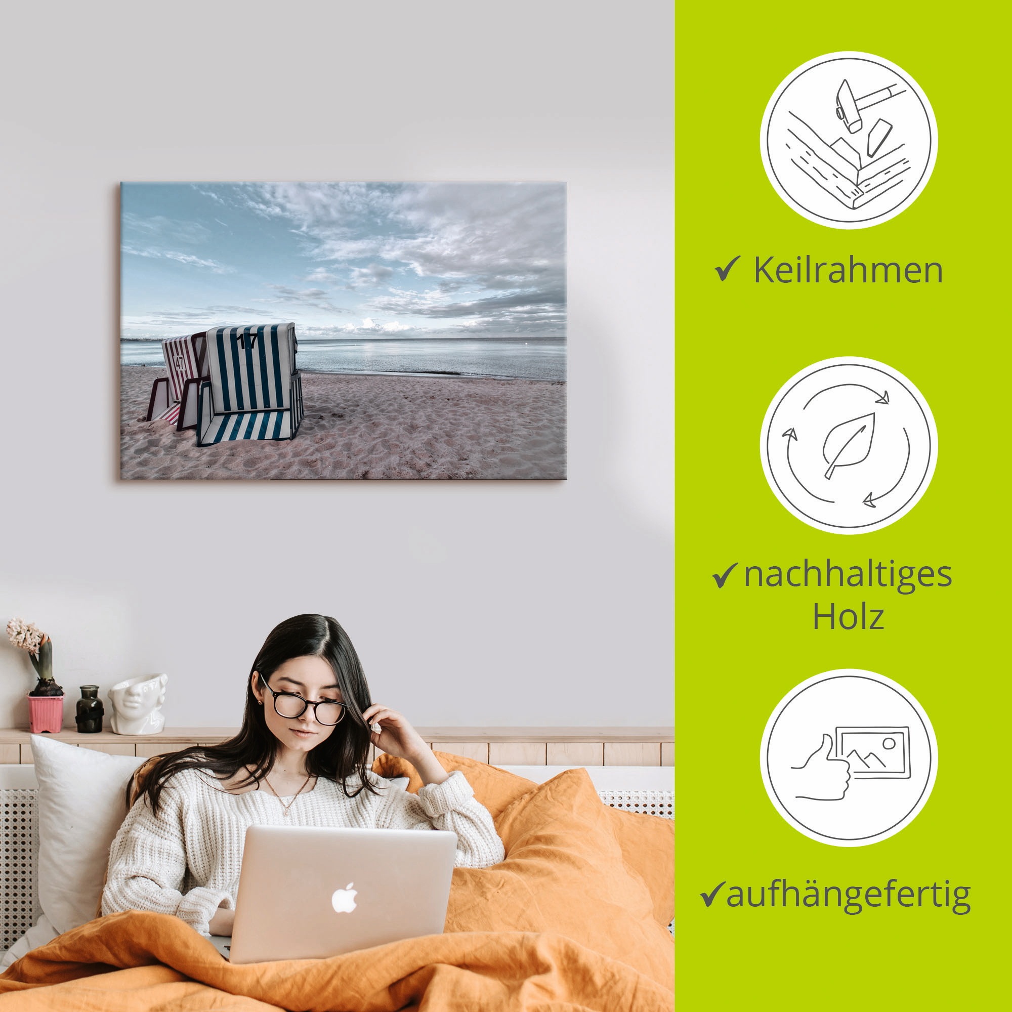 Artland Wandbild »Einsame Strandkörbe am Ostseestrand«, Strand, (1 St.), als Leinwandbild, Poster in verschied. Grössen