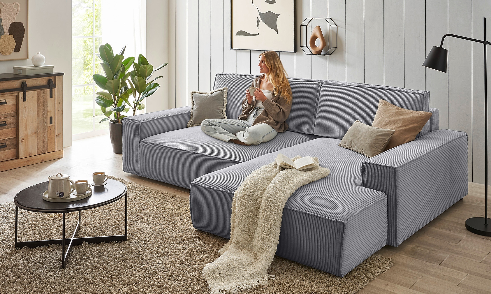 Home affaire Ecksofa »NEU: SHERWOOD XXL 284, Big-Sofa L-Form, tiefe Sitzfläche 95 cm, Cord« Recamiere rechts/links, als Schlafsofa stellbar, Cord u. Leinenoptik