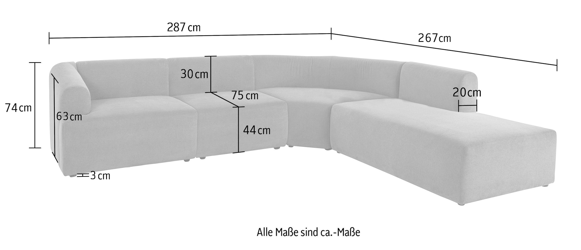 LeGer Home by Lena Gercke Canapé d'angle »LYZA L-Form links/rechts, Modularsofa "XL", Masse B/T/H: 287/267/74 cm« aus 4 Modulen, zusammen oder einzeln stellbar