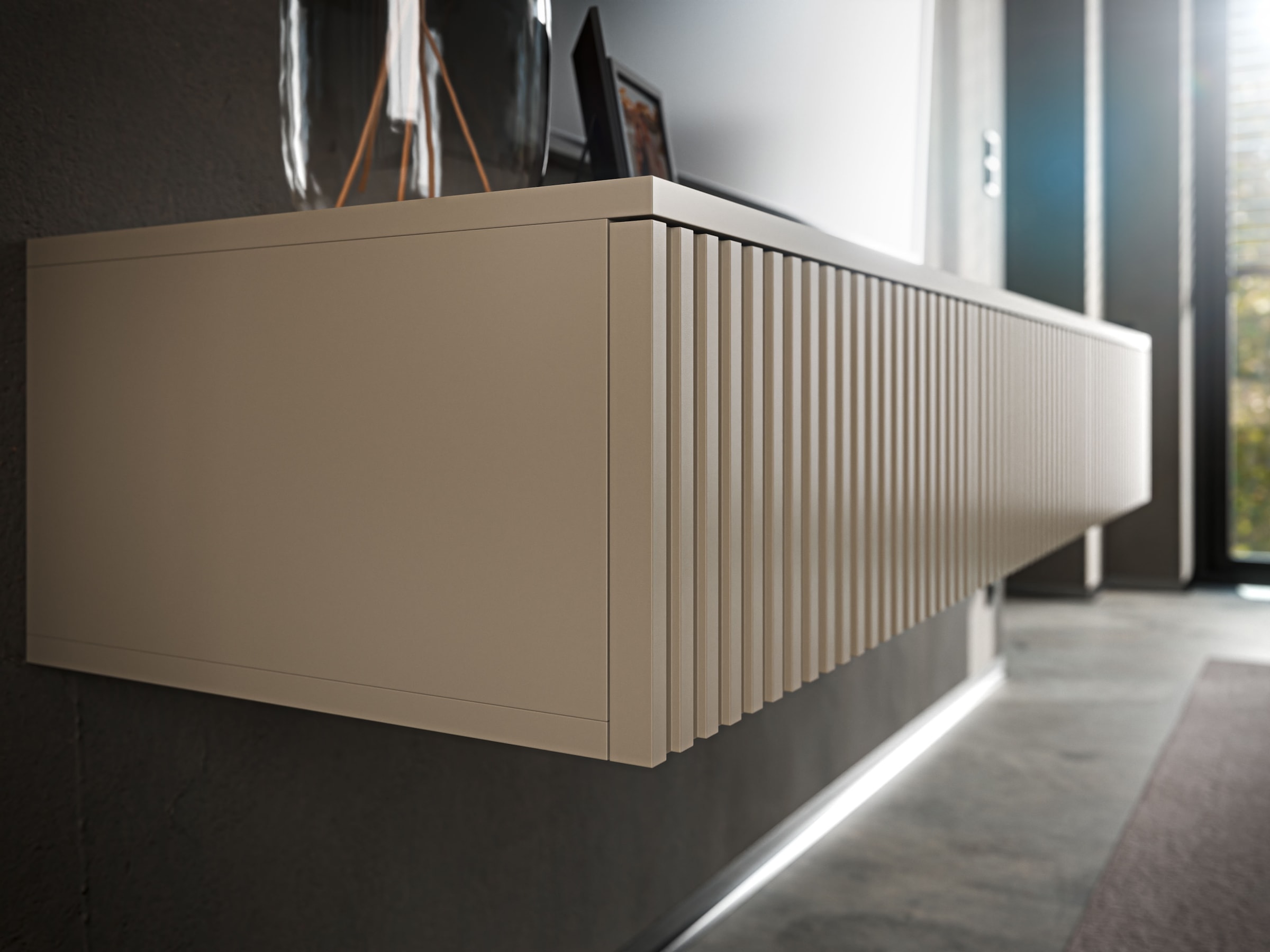 HBZ Table basse »Lowboard Lanai, hängend, mit moderner Rillenoptik« 1 cuis tlg. Largeur 200cm, revêtement mélaminé, ouverture par pression
