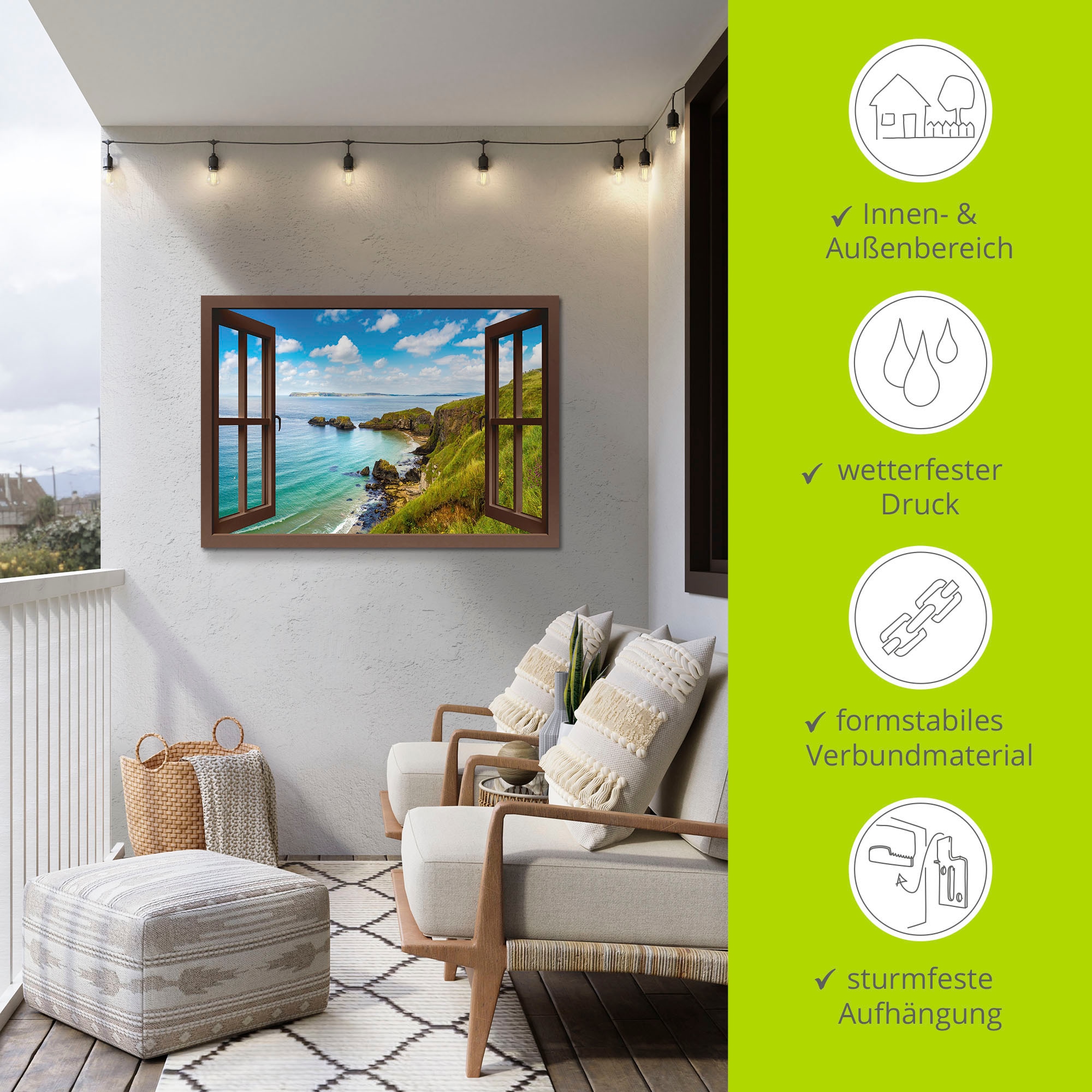 Artland Impression alu-dibond »Küstenweg in Nordirland durchs Fenster« Images de mer 1 cuis tlg. adapté pour intérieur et extérieur, image extérieure,