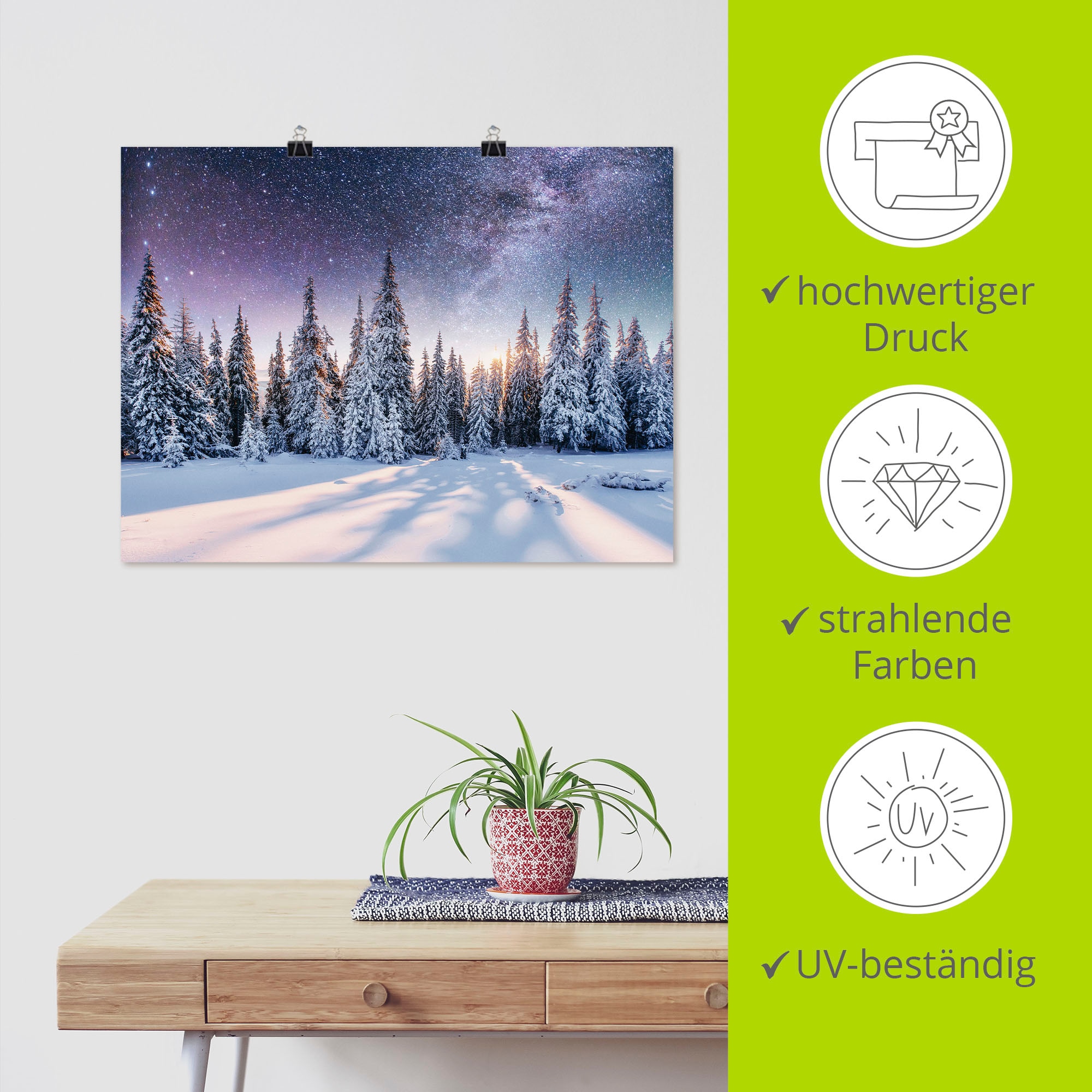Artland Wandbild »Tannenwald im Schnee vorm Sternenhimmel«, Berge & Alpenbilder, (1 St.), als Alubild, Outdoorbild, Leinwandbild, Poster in verschied. Grössen