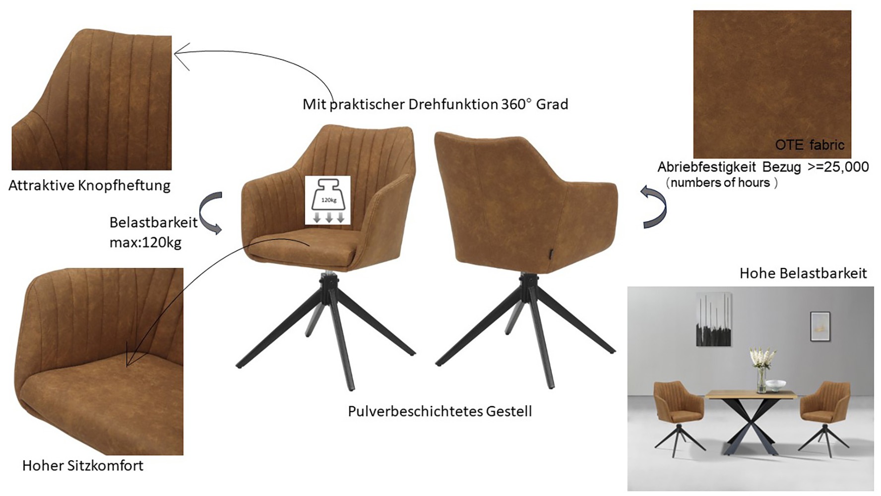 Home affaire Esszimmerstuhl »Naples, TOPSELLER!«, (Set), 2 St., Drehstuhl 360 Grad Drehfunktion, hochwertiges Material, pflegeleicht