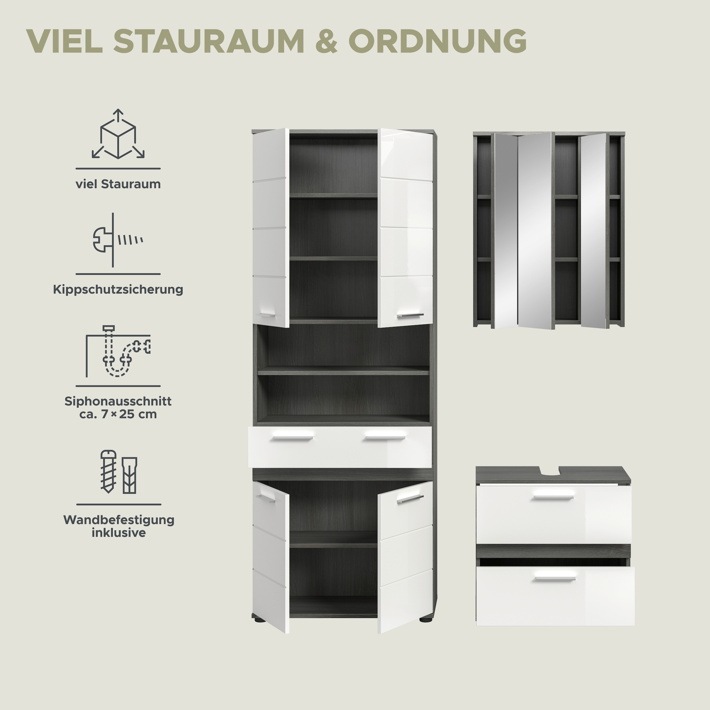 welltime Badmöbel-Set »LUCCA, 3-tlg. Badkombination, viel Stauraum, modernes Design« 3 Stk. tlg.