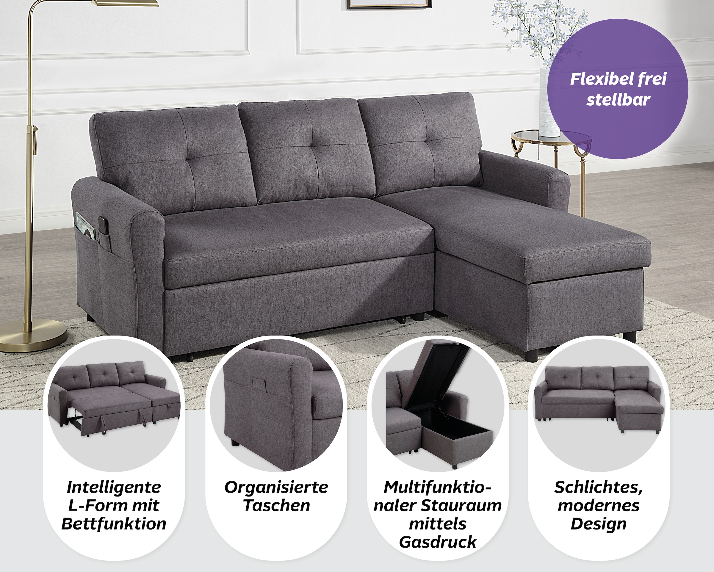 ATLANTIC home collection Canapé-lit »Gustavo L-Form, B: 199 cm« mit Bettfunktion, Bettkasten & seitlichen Taschen