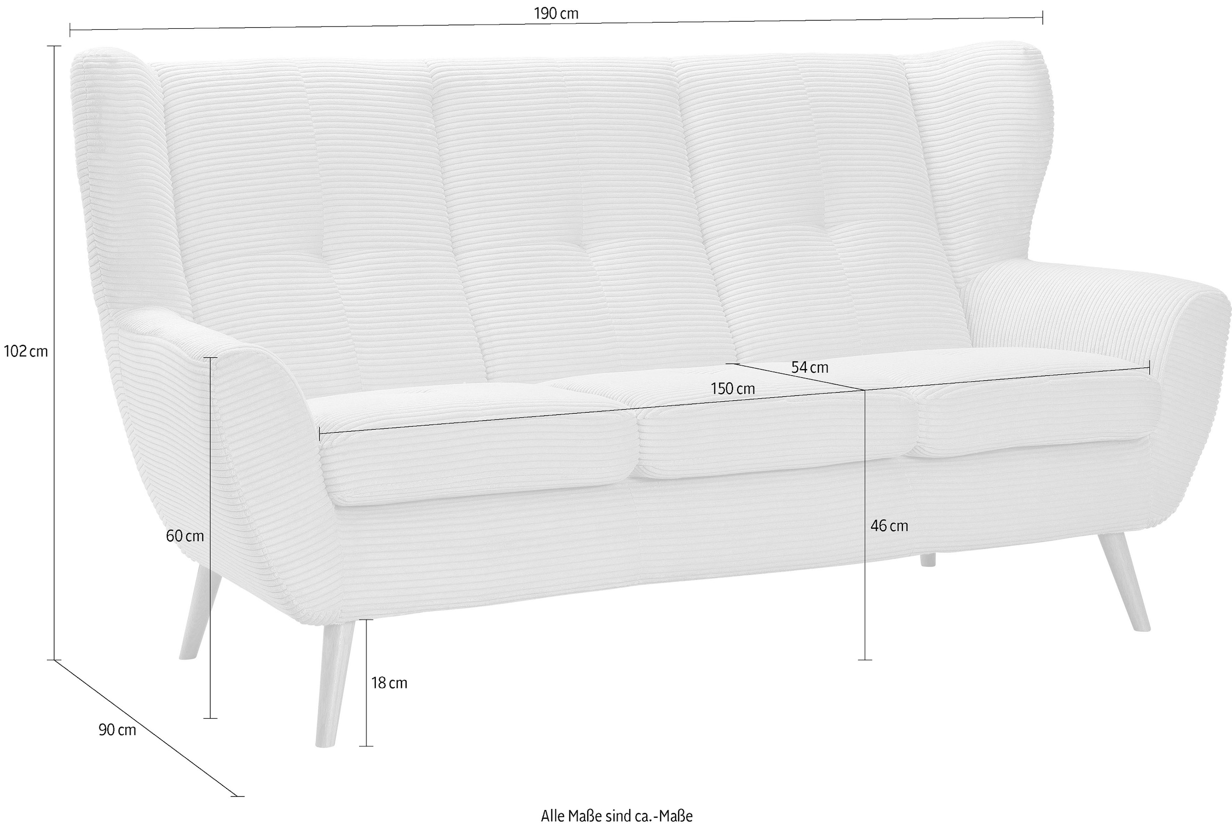 exxpo - sofa fashion 3-Sitzer »ALVESTA, Loungesofa, Küchensofa, hoher Sitzkomfort, Ohrenbackensofa«, gemütliche Rückenlehne, mit Knopfheftung und hohen Holzfüssen, in Cord