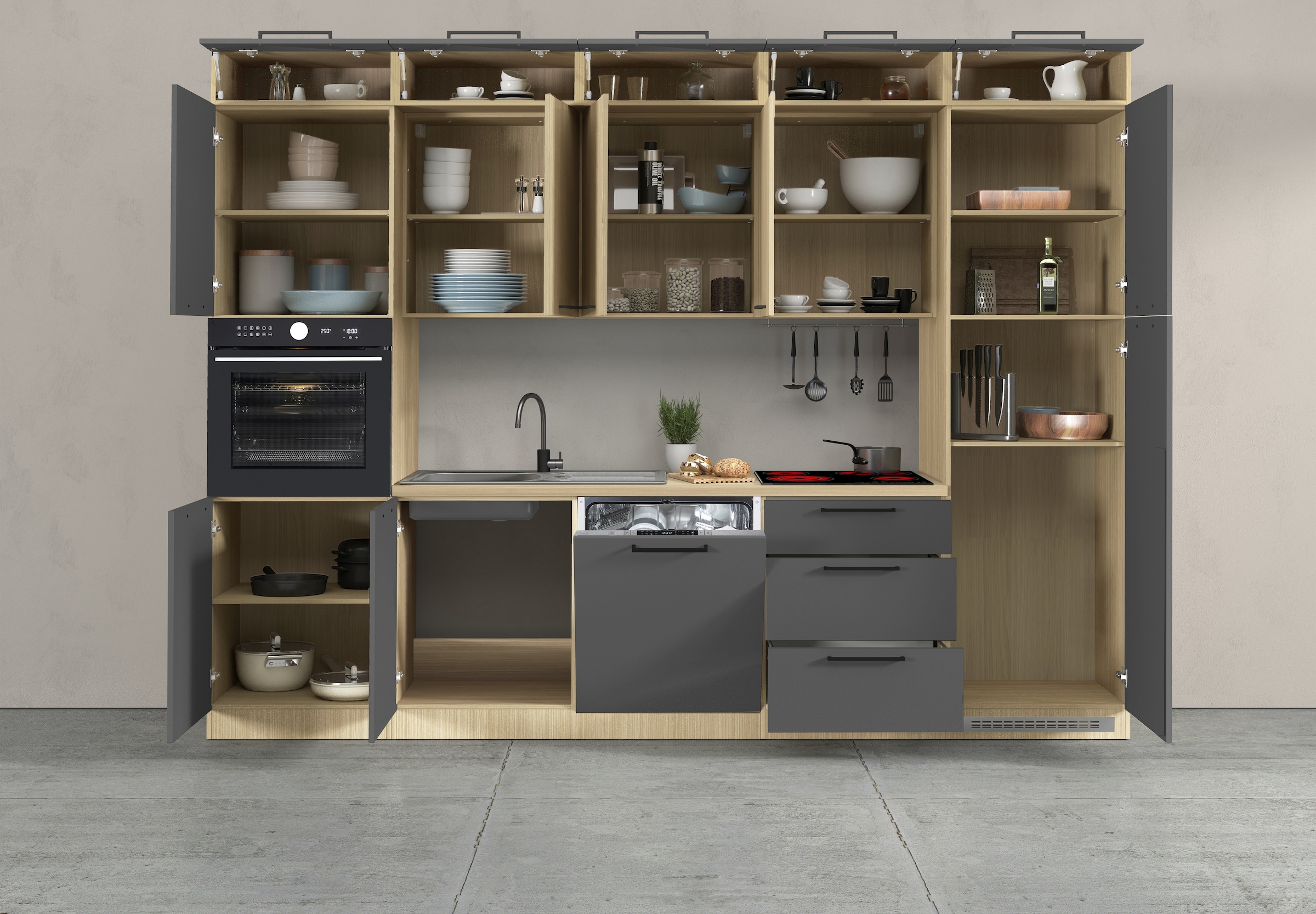 KOCHSTATION Kitchenette »Luna, Einbauküche, Zeilenküche, mit Soft-Close Funktion, Made in Italy« Breite 300 cm ohne E-Geräte, mit Spüle+Siphon und Aufsatz