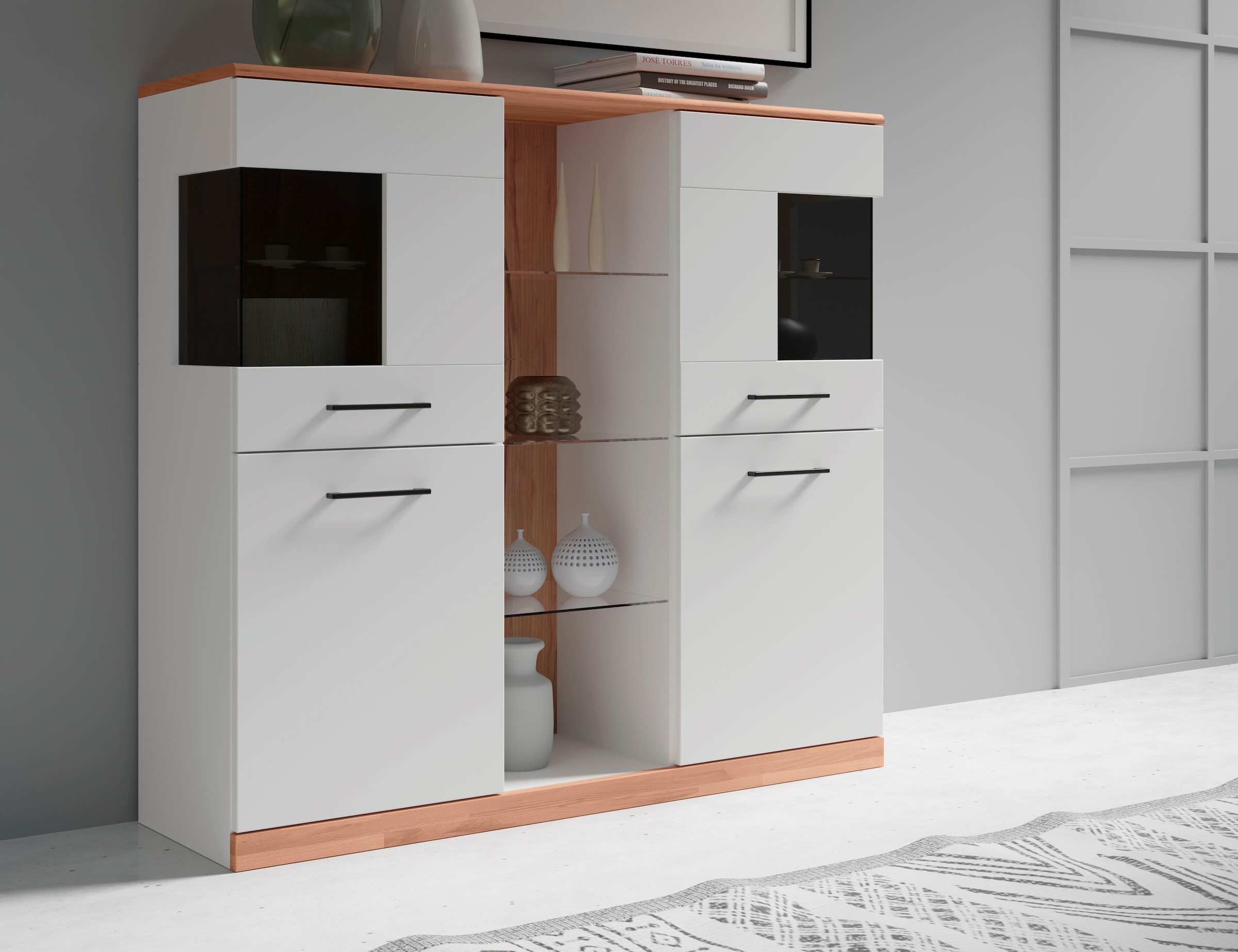 Home affaire Highboard »Ribe,120cm breit,112cm hoch,12 Fächer«, Oberplatte Massivholz,schwarze Metall Griffe,2 Türen mit Glaseinsatz