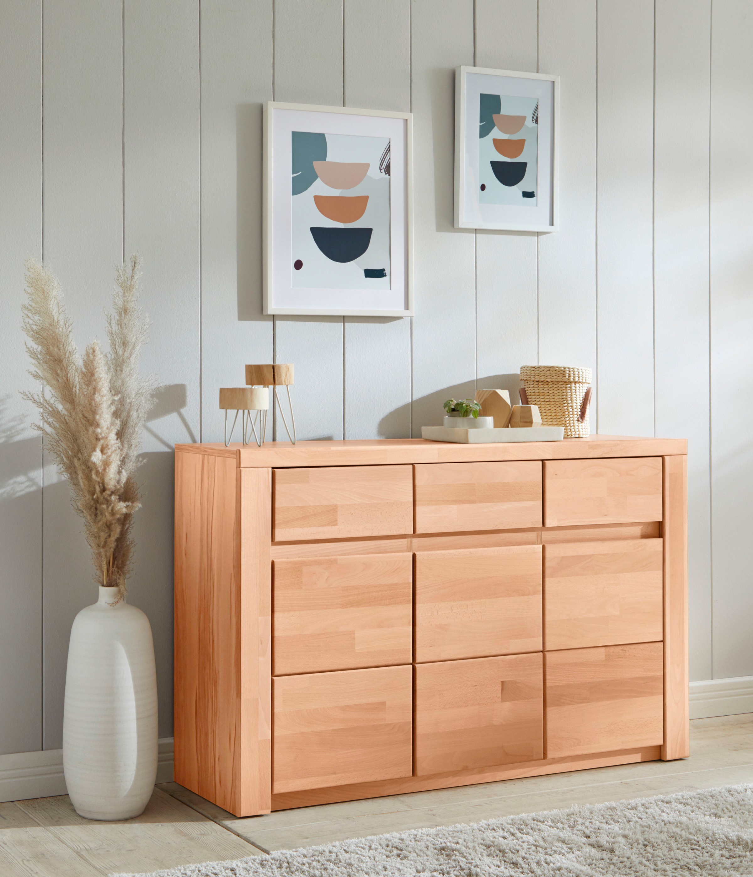 Image of GOODproduct Sideboard "Burano,127cm breit, Fronten Massivholz,3 Türen,3 Schubladen,6 Fächer" Holz massiv,Holzwerkstoff,Griffmulden,Böden variabel einsetzbar