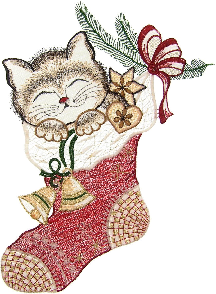 Image of W. Reuter & Sohn - Plauener Spitze Fensterbild "Katze im Strumpf" Made in Germany