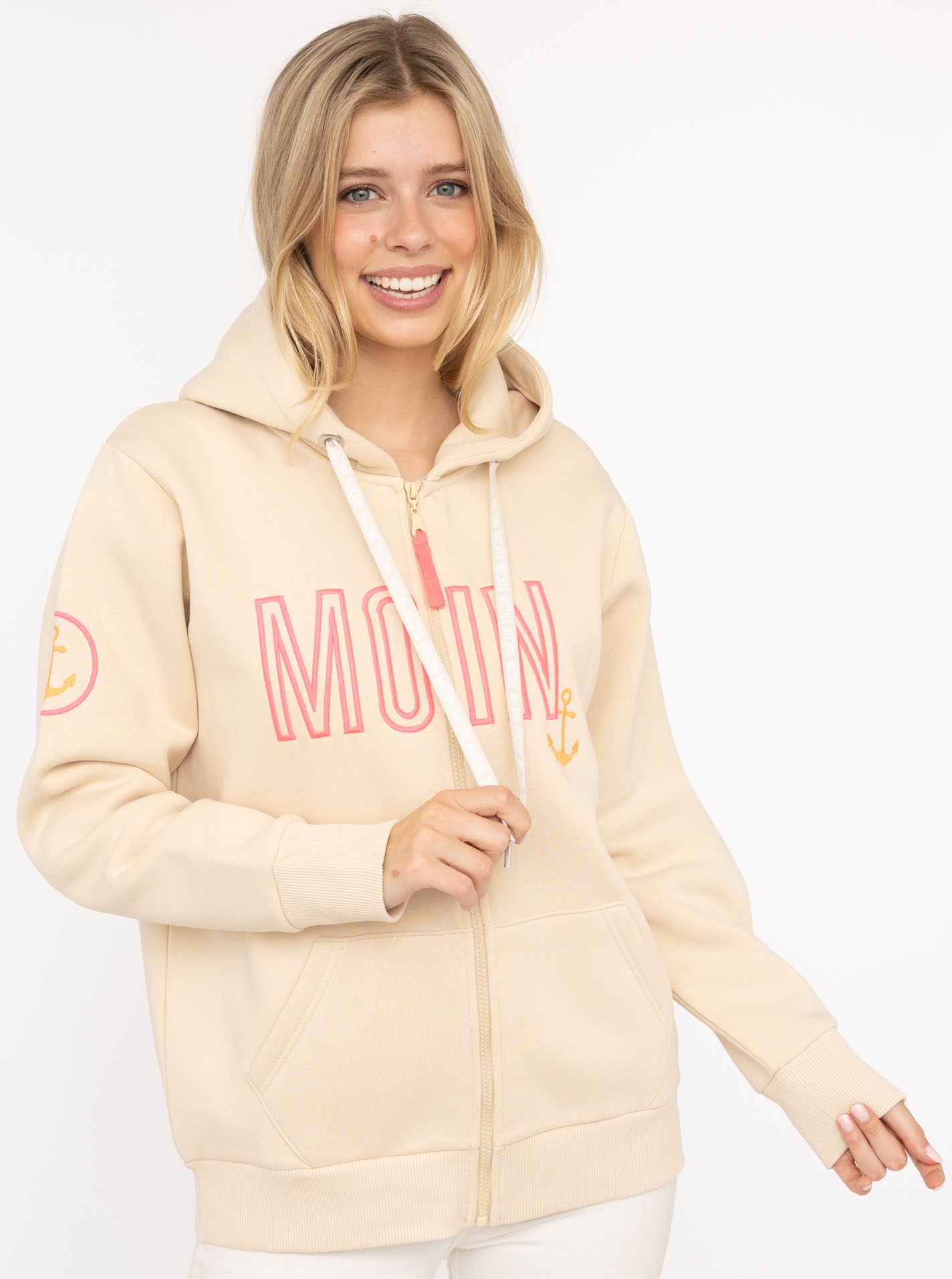Image of Zwillingsherz Kapuzensweatjacke ""Maritim"" mit gesticktem MOIN und Anker Logo und Reissverschluss