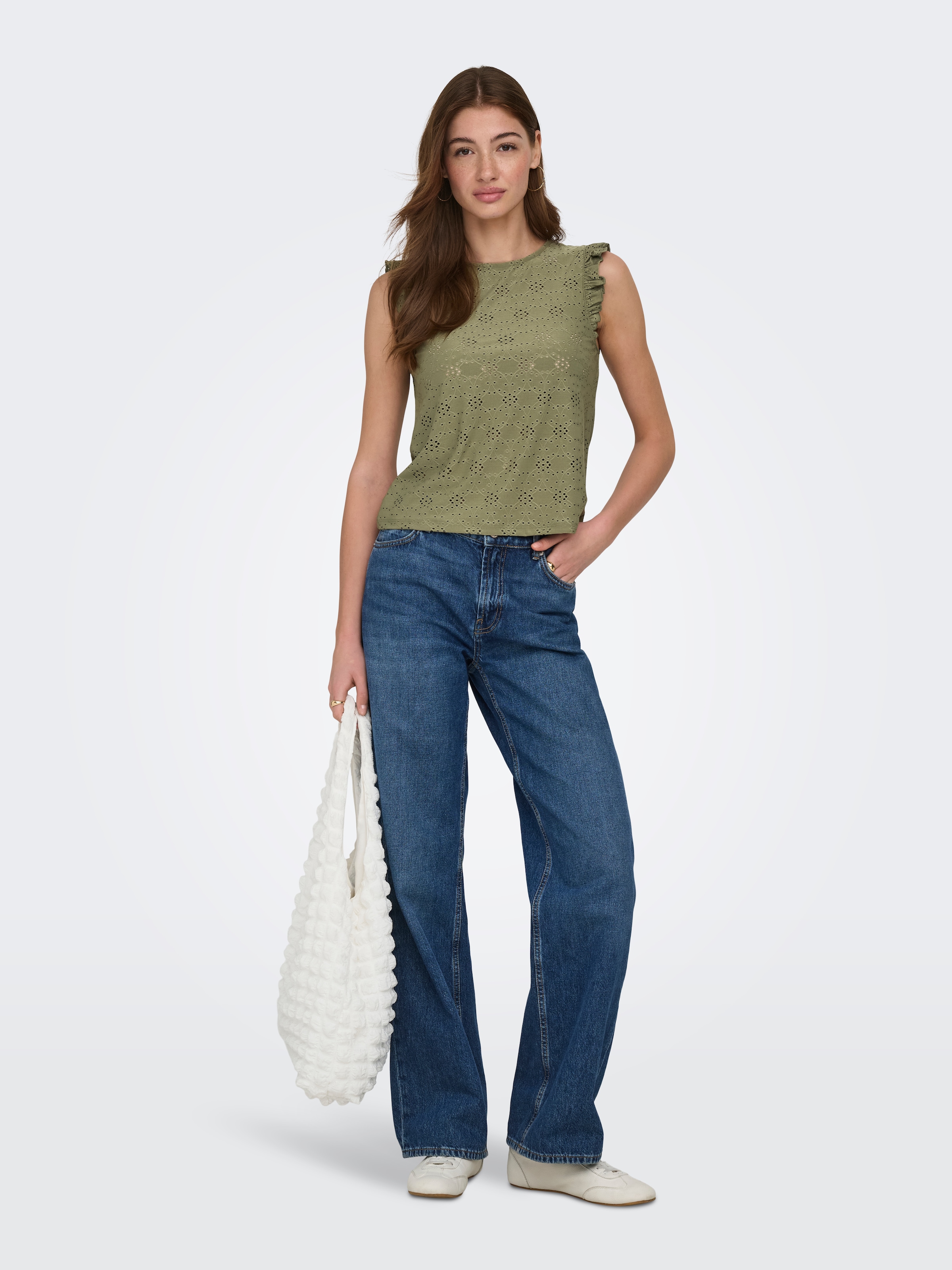 ONLY Haut de chemise »ONLSMILLA S/L FRILL TOP JRS« mélange de matières, coupe régulière, col rond