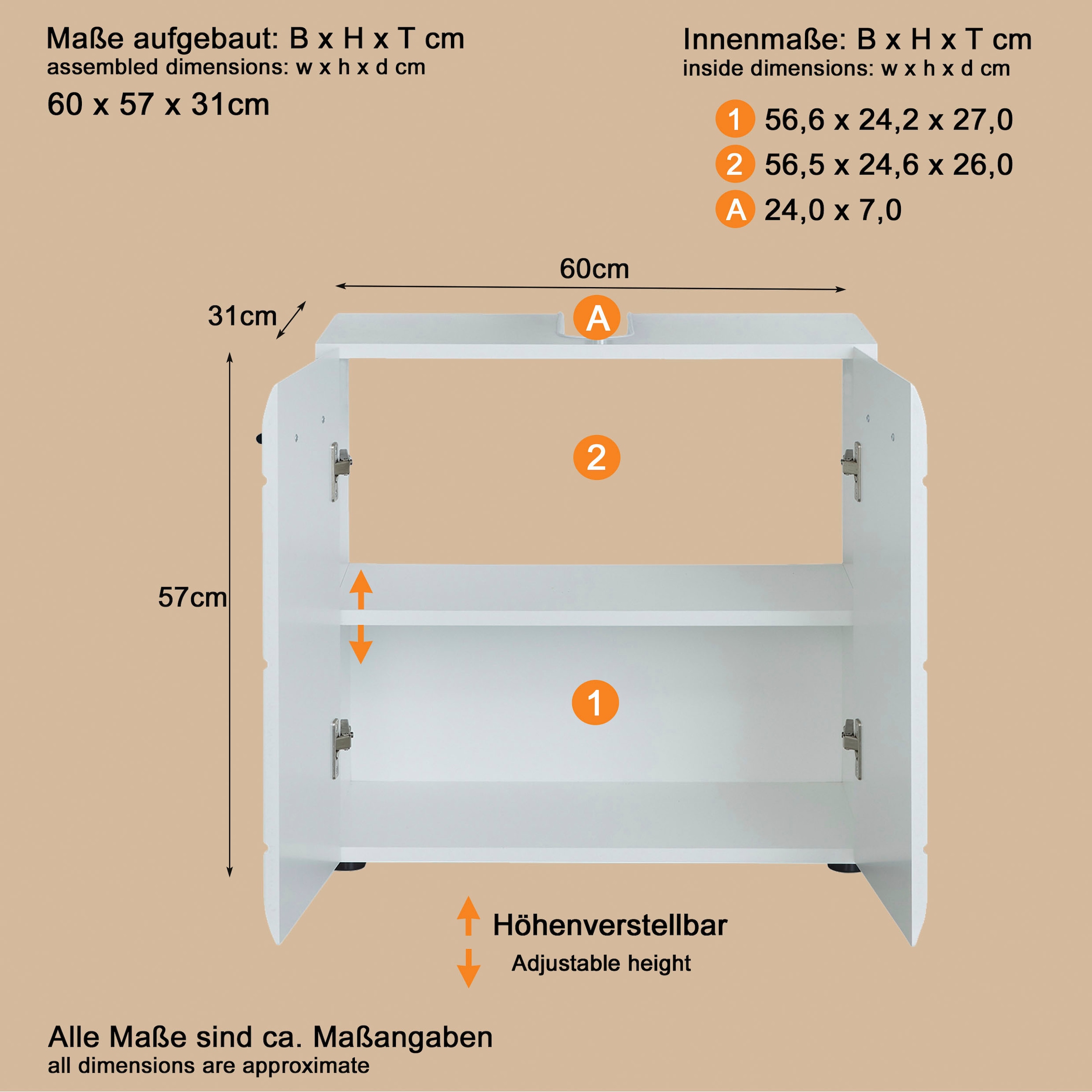 welltime Waschbeckenunterschrank »Sovana« Waschtisch mit verstellbarem Fach - Masse (B/T/H) 60/31/56 cm