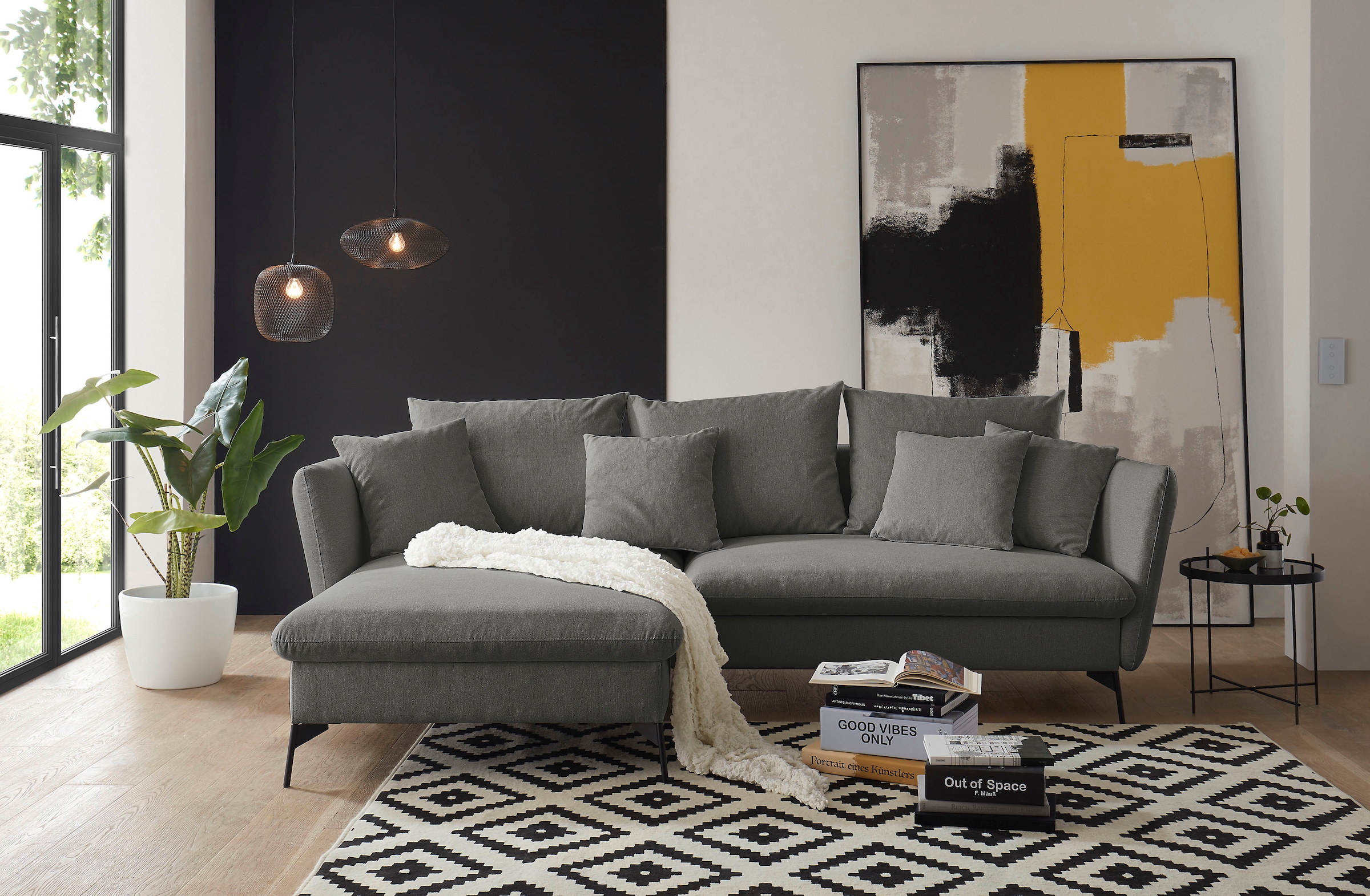 GOODproduct Canapé d'angle »LIVORNO,258 cm, L-Form,« fonction couchage et coffre (139/224cm), velours, structure, tissu tissé