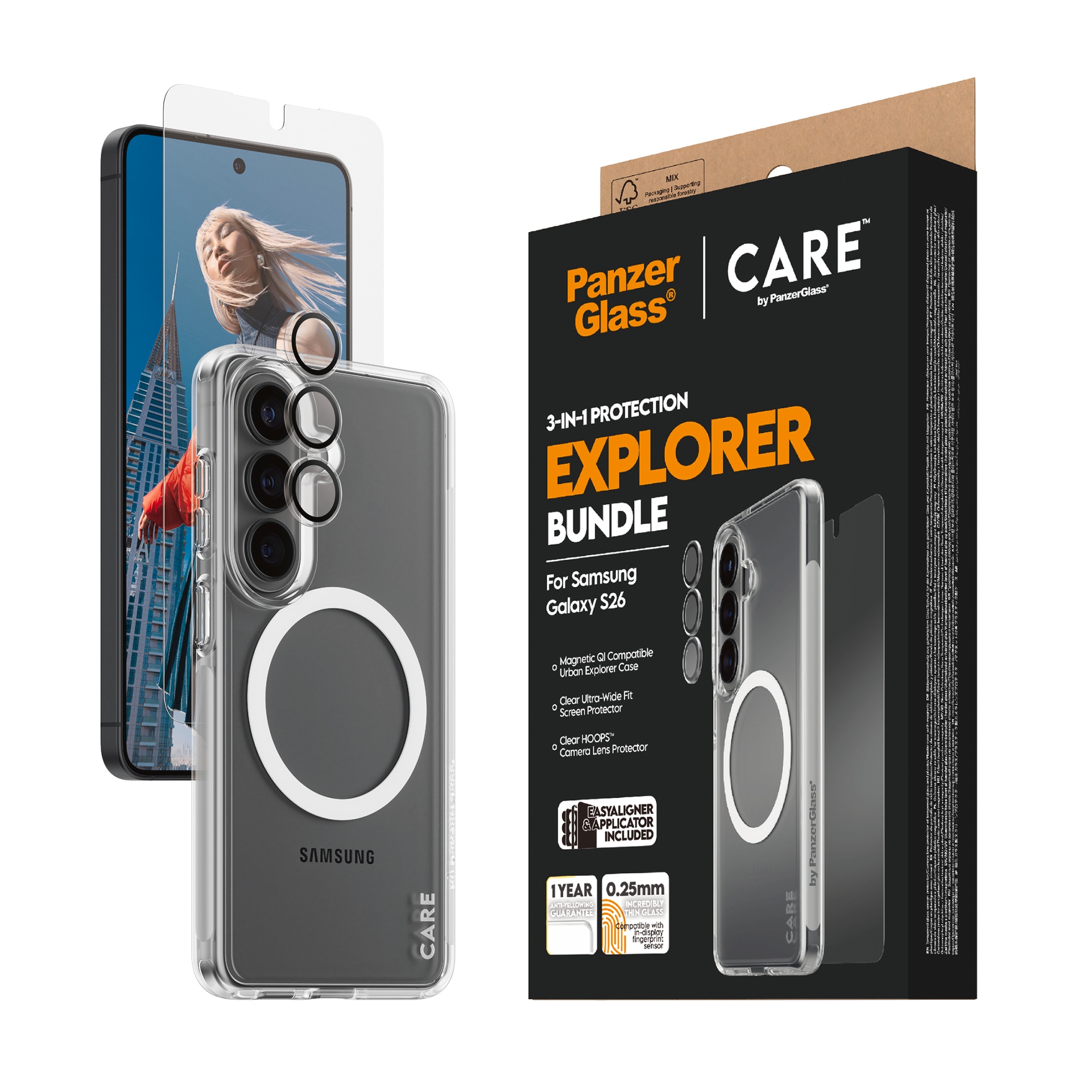 Image of CARE by PanzerGlass Displayschutzglas "3-in-1 Protection Explorer Bundle" für Samsung Galaxy S26 Displayschutzfolie, Schutzfolie, Bildschirmschutz, kratz- & stossfest