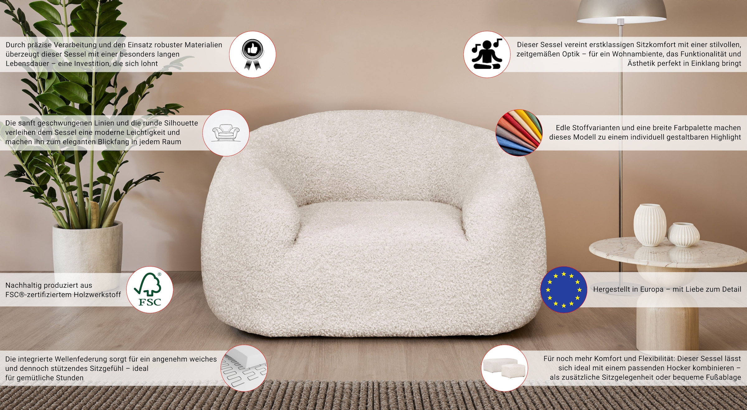 LeGer Home by Lena Gercke Sessel »YANI Relaxsessel, Loungesessel, Masse B/T/H: 127/96/76 cm«, organische Form, mit Wellenunterfederung, auch in Bouclé