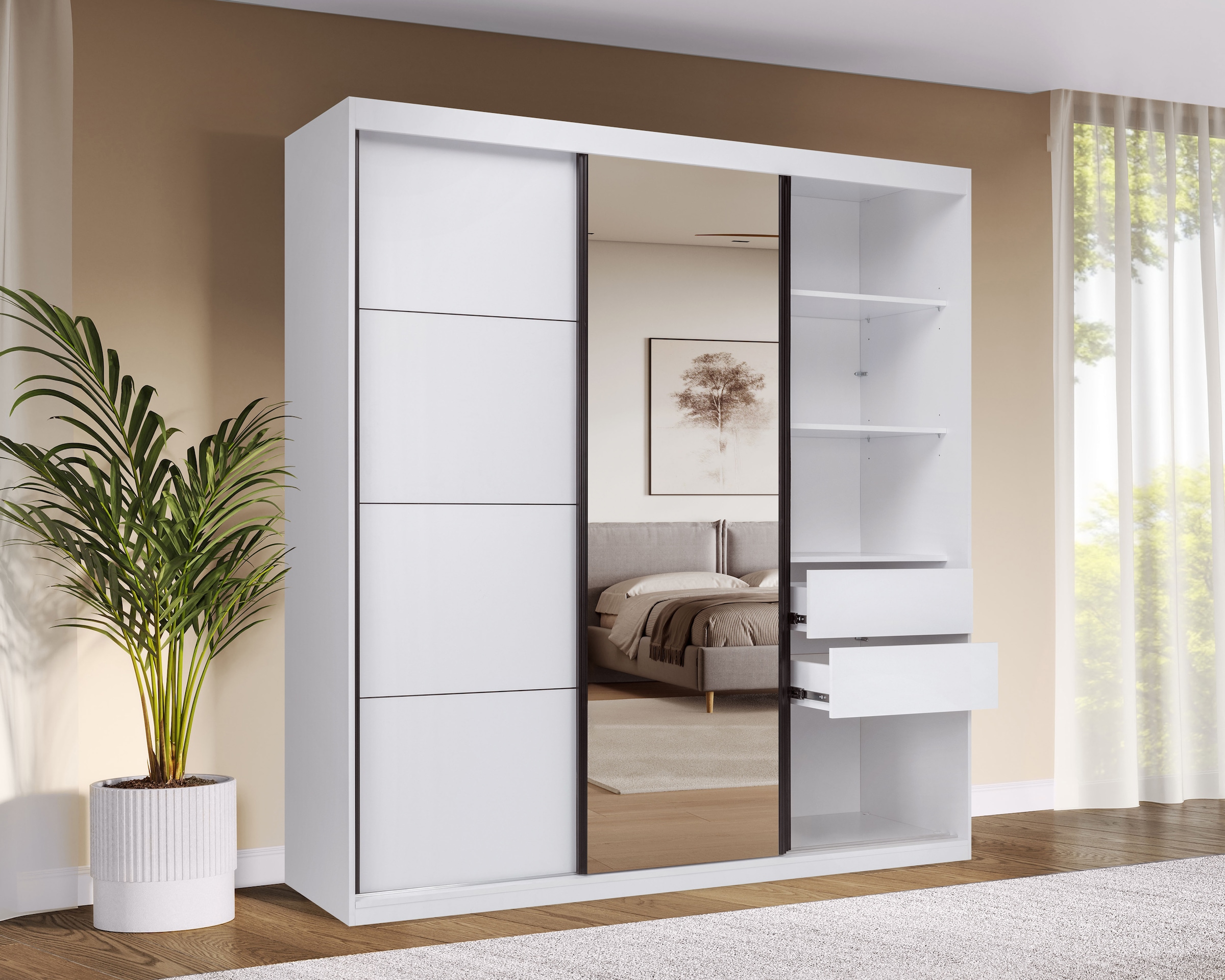 GOODproduct Schwebetürenschrank »Tonara Schrank, Kleiderschrank 2,00m Breite, Schiebetürenschrank« Schrank mit leichtgängiger Schiebetür, in 4 Farben , Top Ausstattung,  inklusive Spiegeltür, 2 Kleiderstangen, 4 Schubkastenauszügen