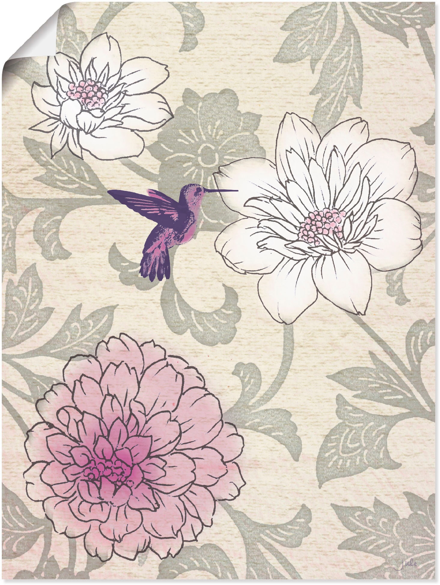 Artland Wandbild »Blumenmuster mit Kolibri«, Blumen, (1 St.), als Poster, Wandaufkleber in verschied. Grössen