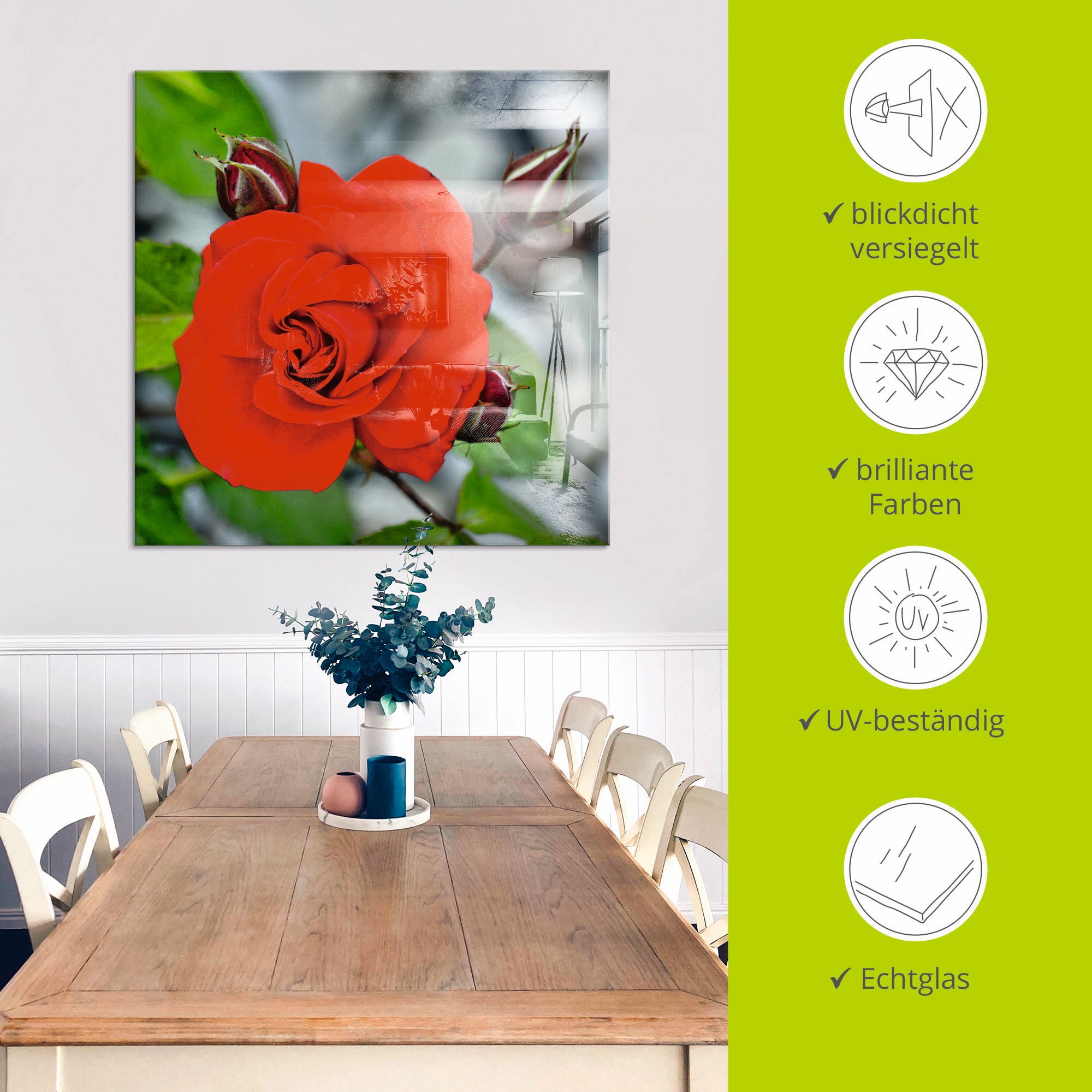 Artland Glasbild »Rote Rosenblüte mit Knospen«, Blumen, (1 St.), in verschiedenen Grössen