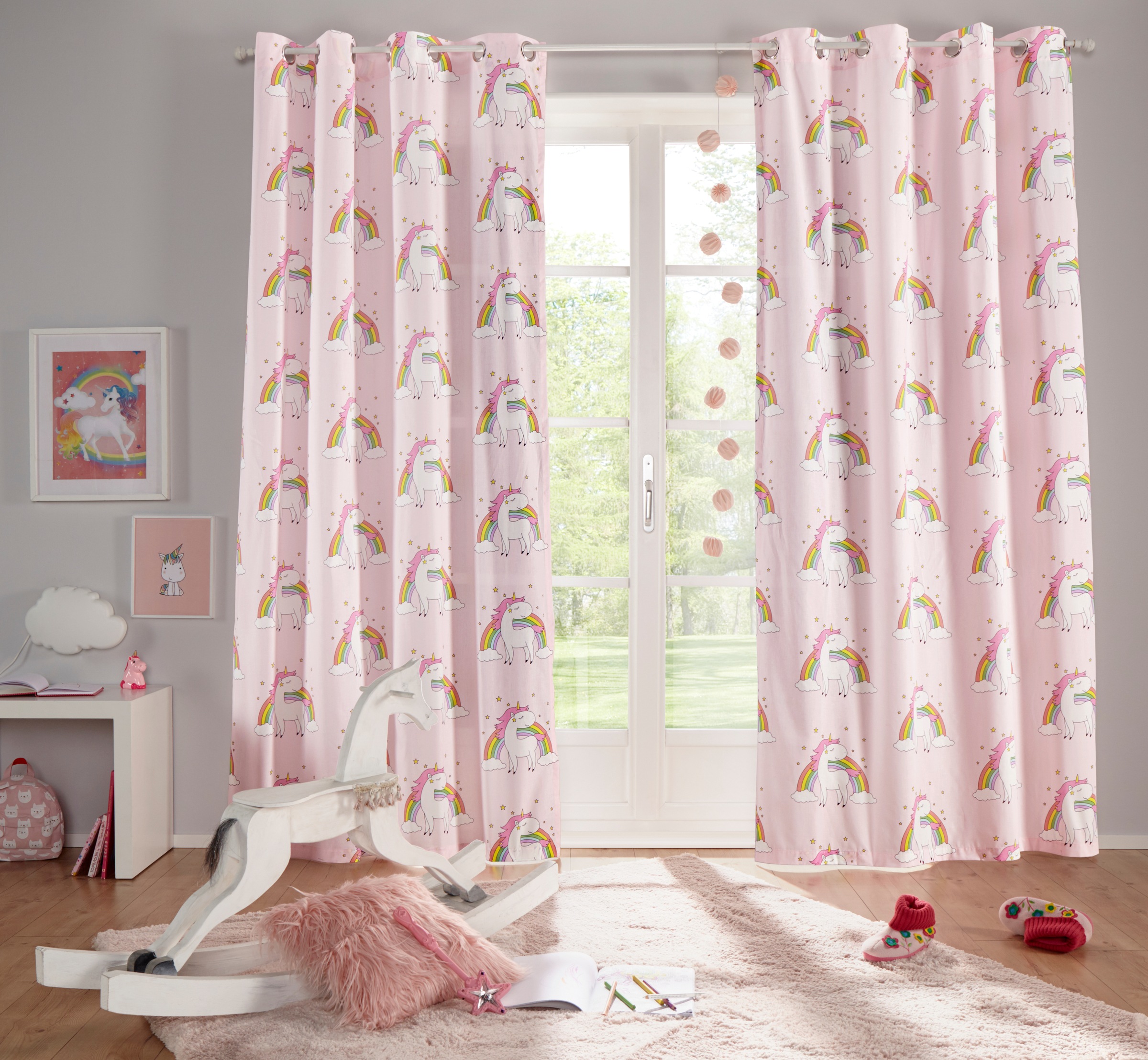 Image of GOODproduct Gardine "EINHORN" Ösen 1 Stk. tlg. Kindergardine, Einhorn, Regenbogen, einseitig bedruckt