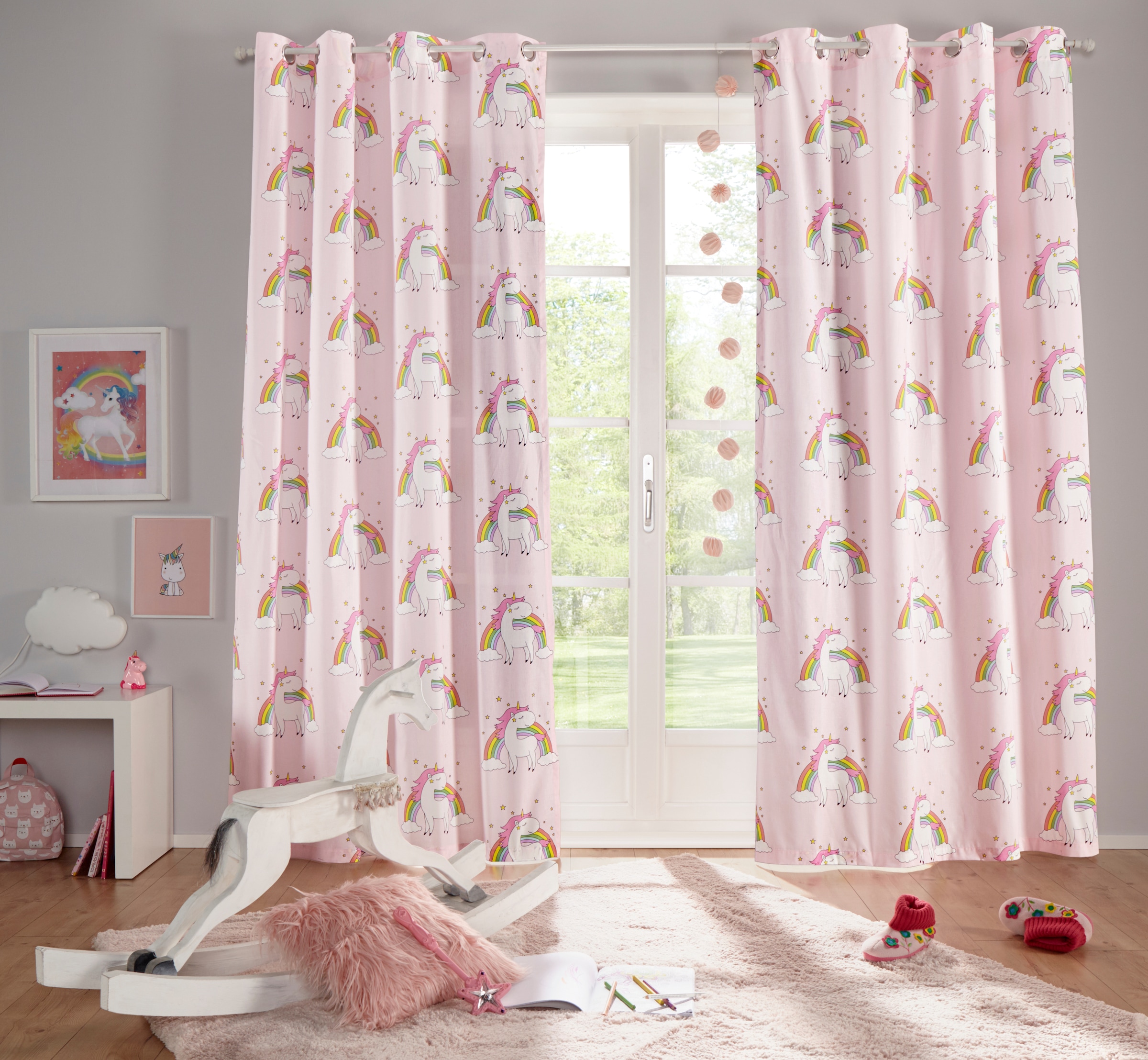 Image of Lüttenhütt Gardine "EINHORN" Ösen 1 Stk. tlg. Kindergardine, Einhorn, Regenbogen, einseitig bedruckt