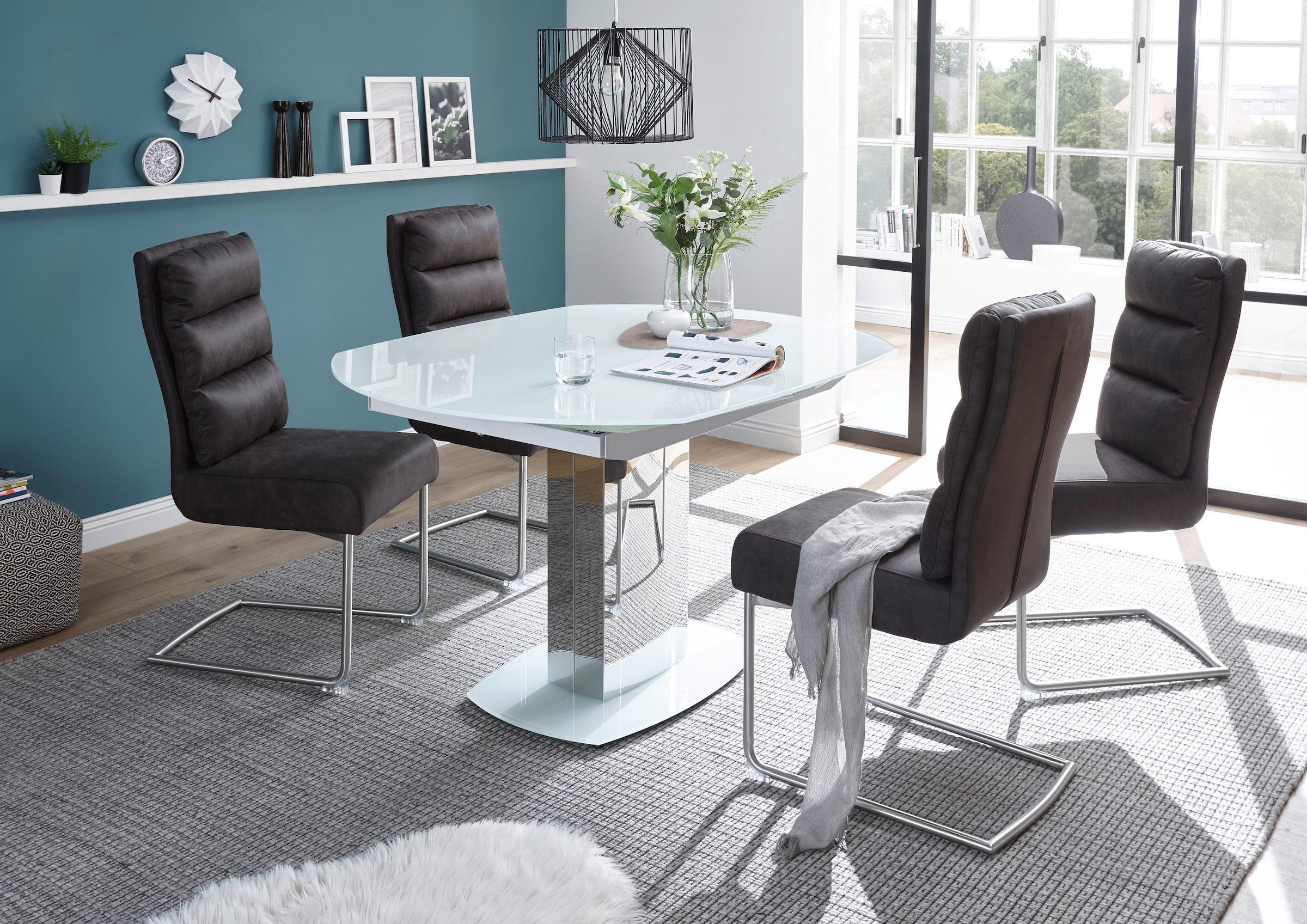 Stolkom Esstisch »Jackson Glastisch Weiss, Tisch ausziehbar, BxHxT 130-190x75x105 cm«, Automatische beidseitiger Drehauszug, Tischplatte in Super White