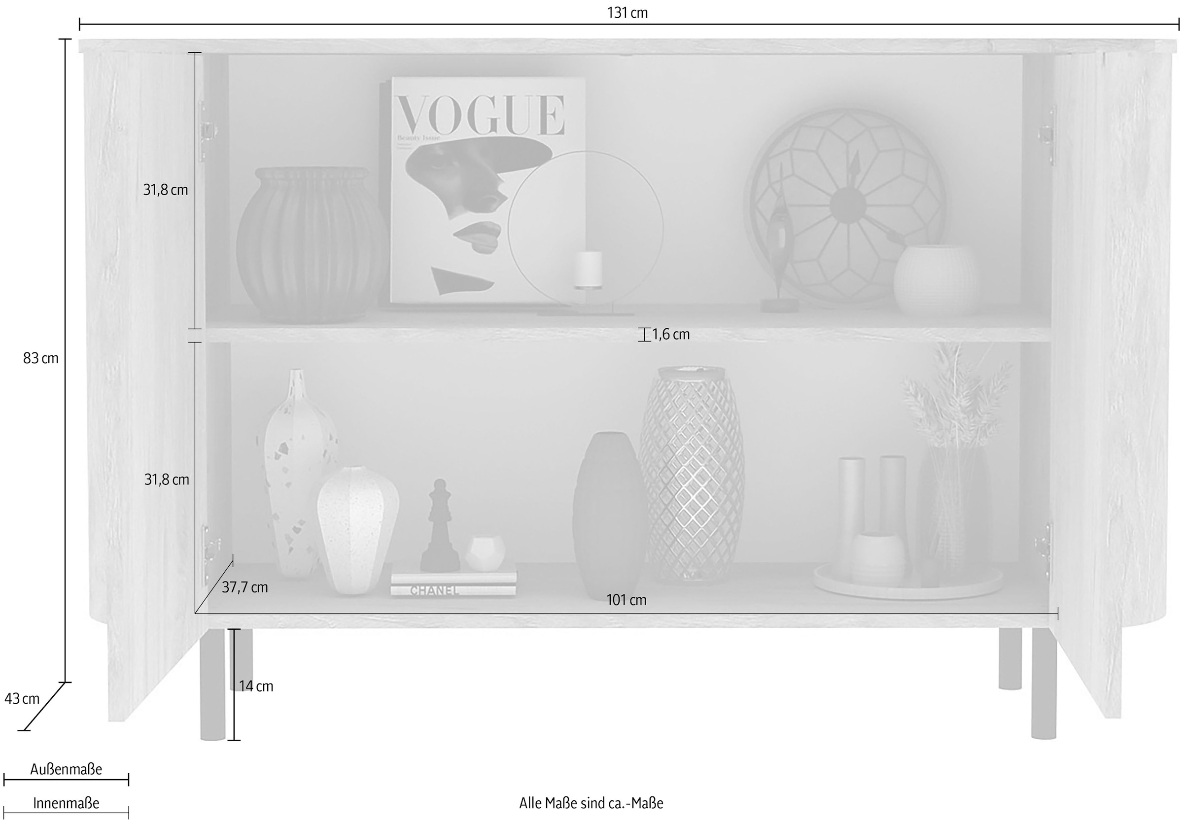 Home affaire Sideboard »Murano, 131 cm breit, 2 Türen, Anrichte, Kommode, Stauraumschrank« Formgebogenes MDF, Stirnseiten mit Rundung, Füsse und Griffe aus Metall