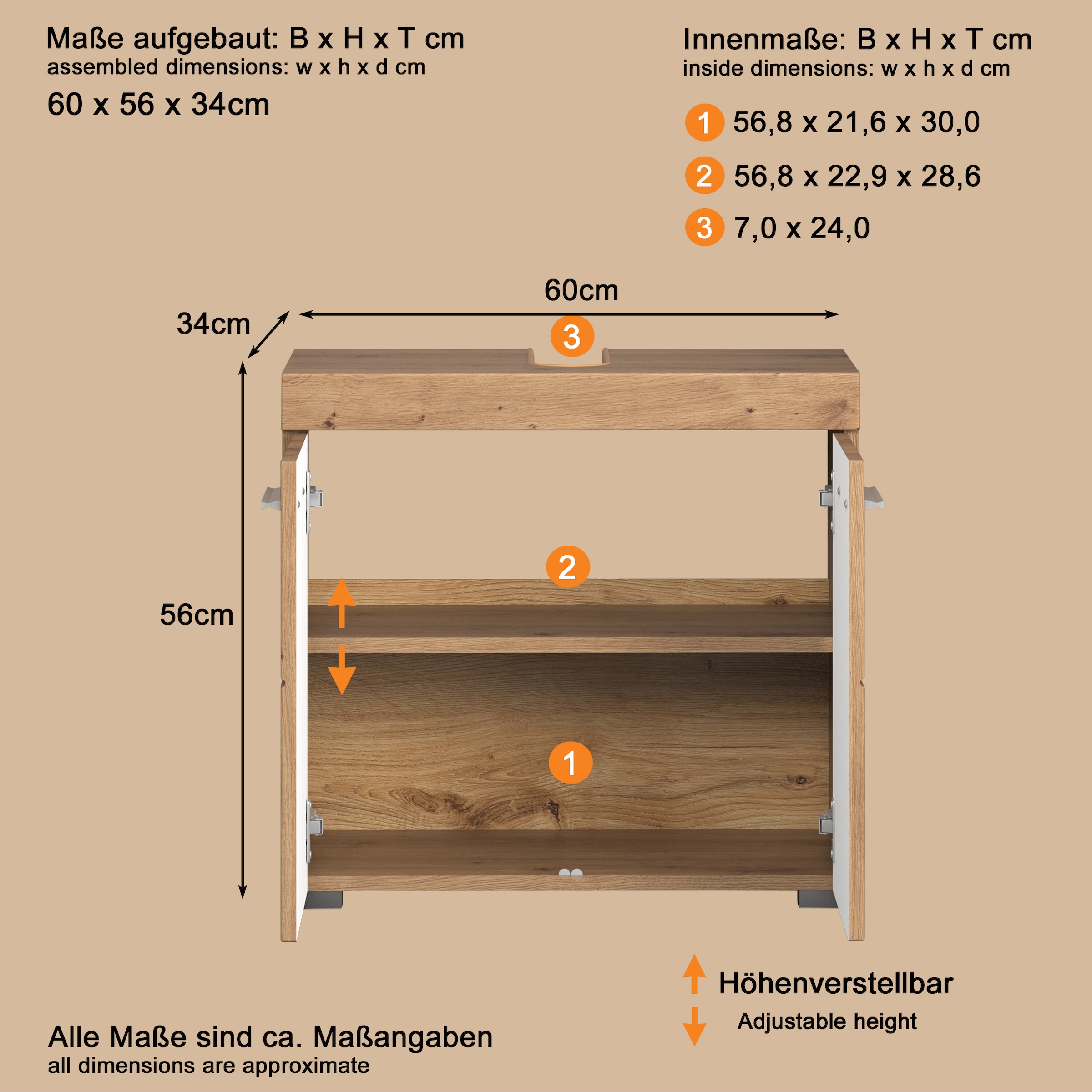 welltime Waschbeckenunterschrank »Avena«, Waschtisch 2türig- Aussparung 26/8 cm - (B/T/H) 60/34/56 cm