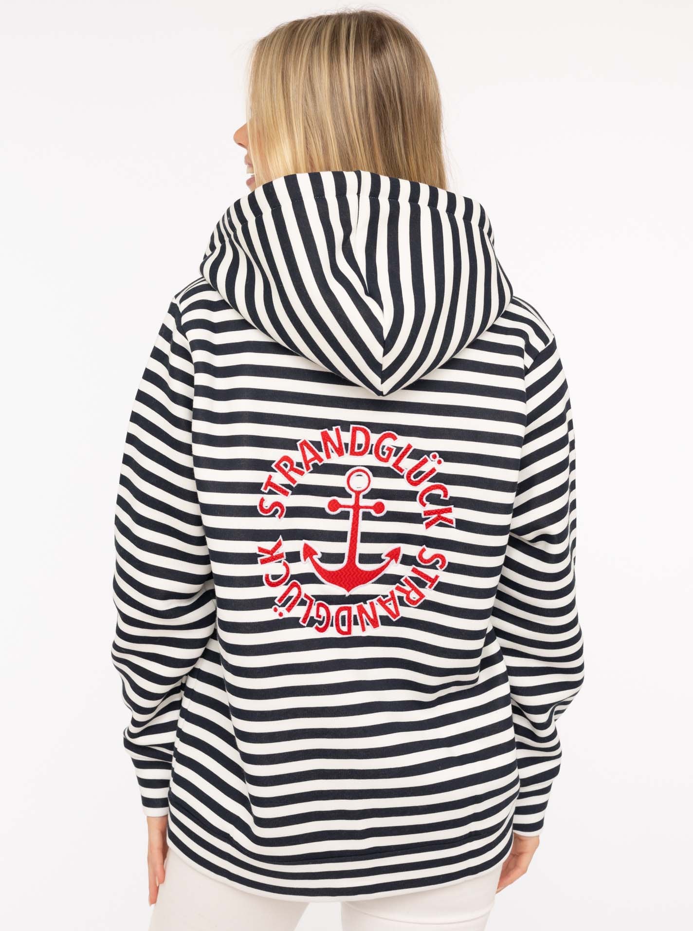 Zwillingsherz Sweat à capuche »"Streifen Strandglück"« veste à capuche rayée avec broderie Strandglück et ancre dans le dos
