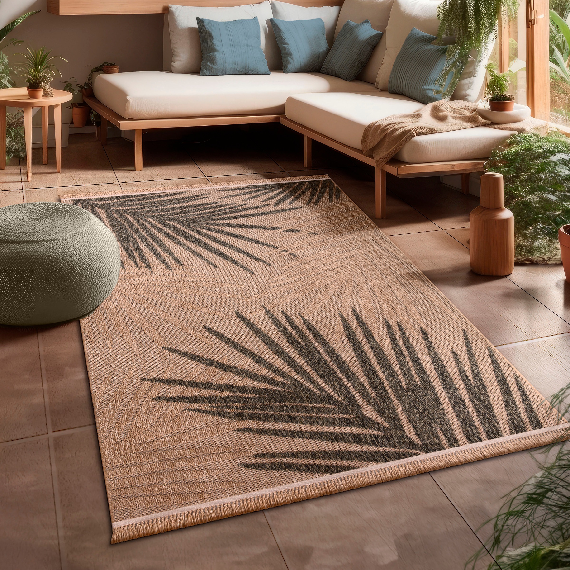 Image of Paco Home Teppich "Cologne 491" rechteckig 11 mm Höhe Flachgewebe, Blätter, Hoch-Tief Effekt, mit Fransen, Outdoor geeignet