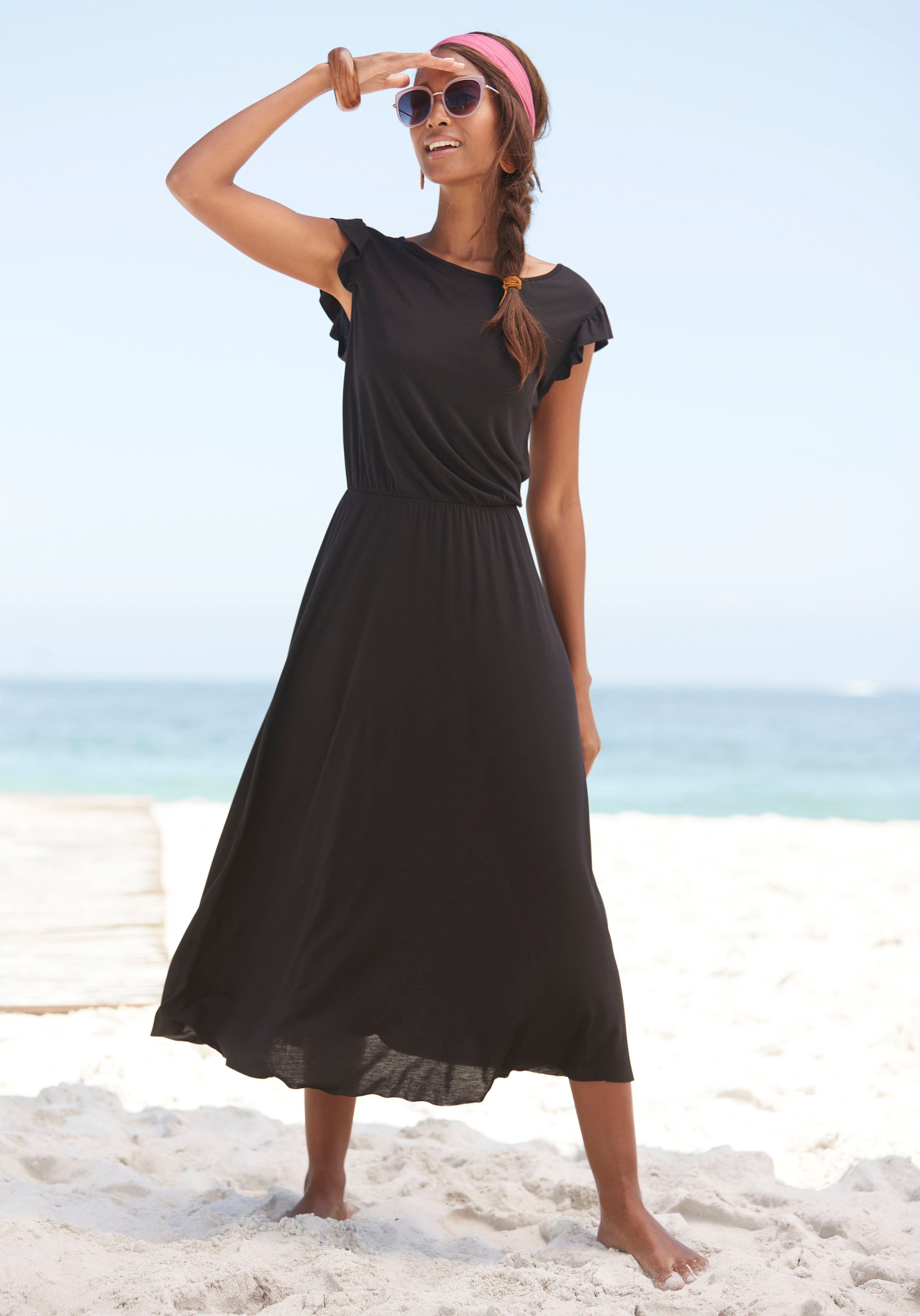 Image of Beachtime Jerseykleid "aus Viskosejersey mit Gummizug in der Taille, elegantes Midikleid" Ohne Taschen Kurzärmliges Sommerkleid, Strandkleid, Viskosekleid, Basic