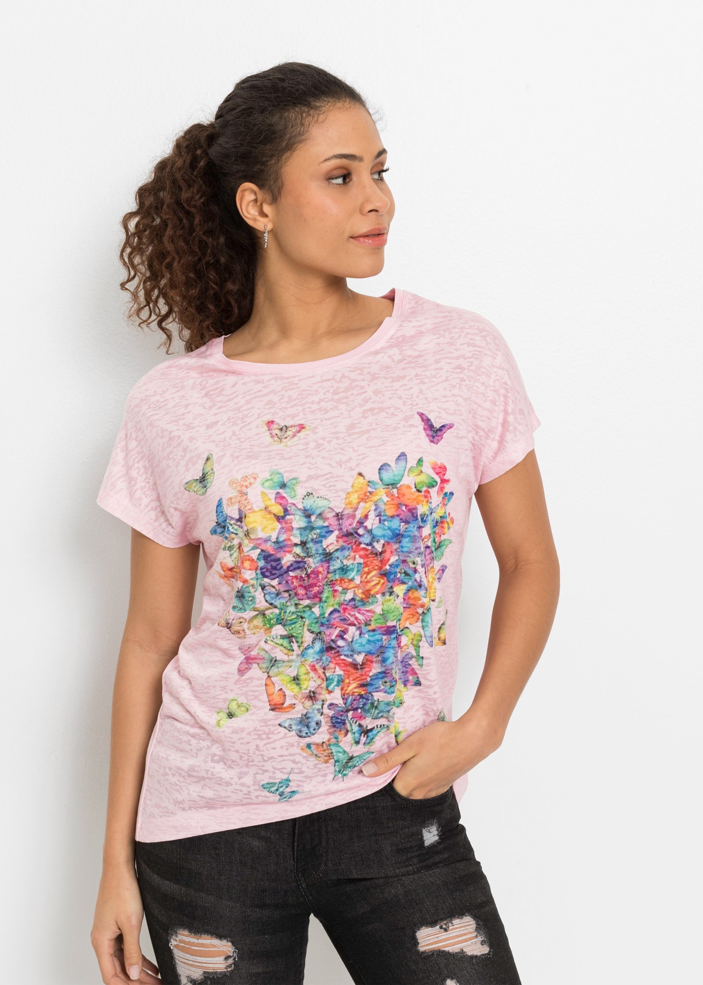 Image of bonprix T-Shirt toller Materialmix, überschnittene Schultern, hinten länger