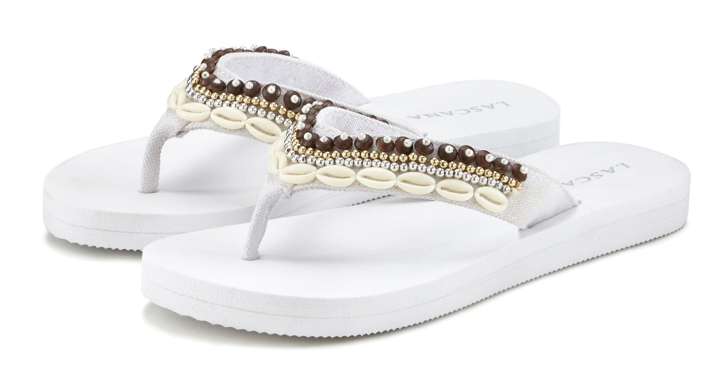Image of LASCANA Badezehentrenner "Sandale, Badeschuh, Pantolette, Badelatsche, Flip Flop, Sommerschuh," Zehentrenner mit Muschel-Imitaten VEGAN