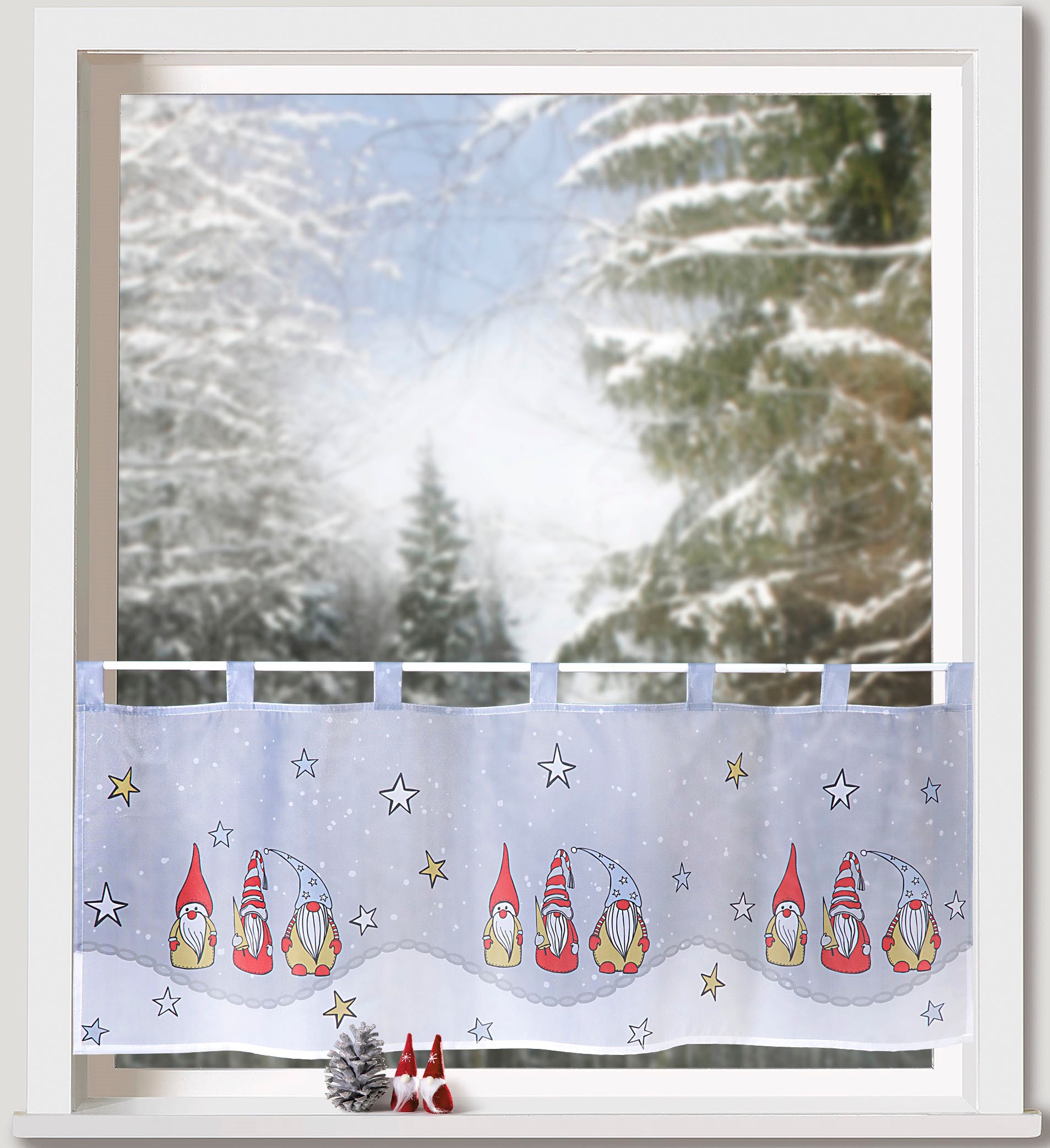 Image of Weckbrodt Scheibengardine "Wichtel mit Sternen" Schlaufen 1 Stk. tlg. Bistro, Microsatin, Weihnachten, HxB 45x120cm, Gardine, Store