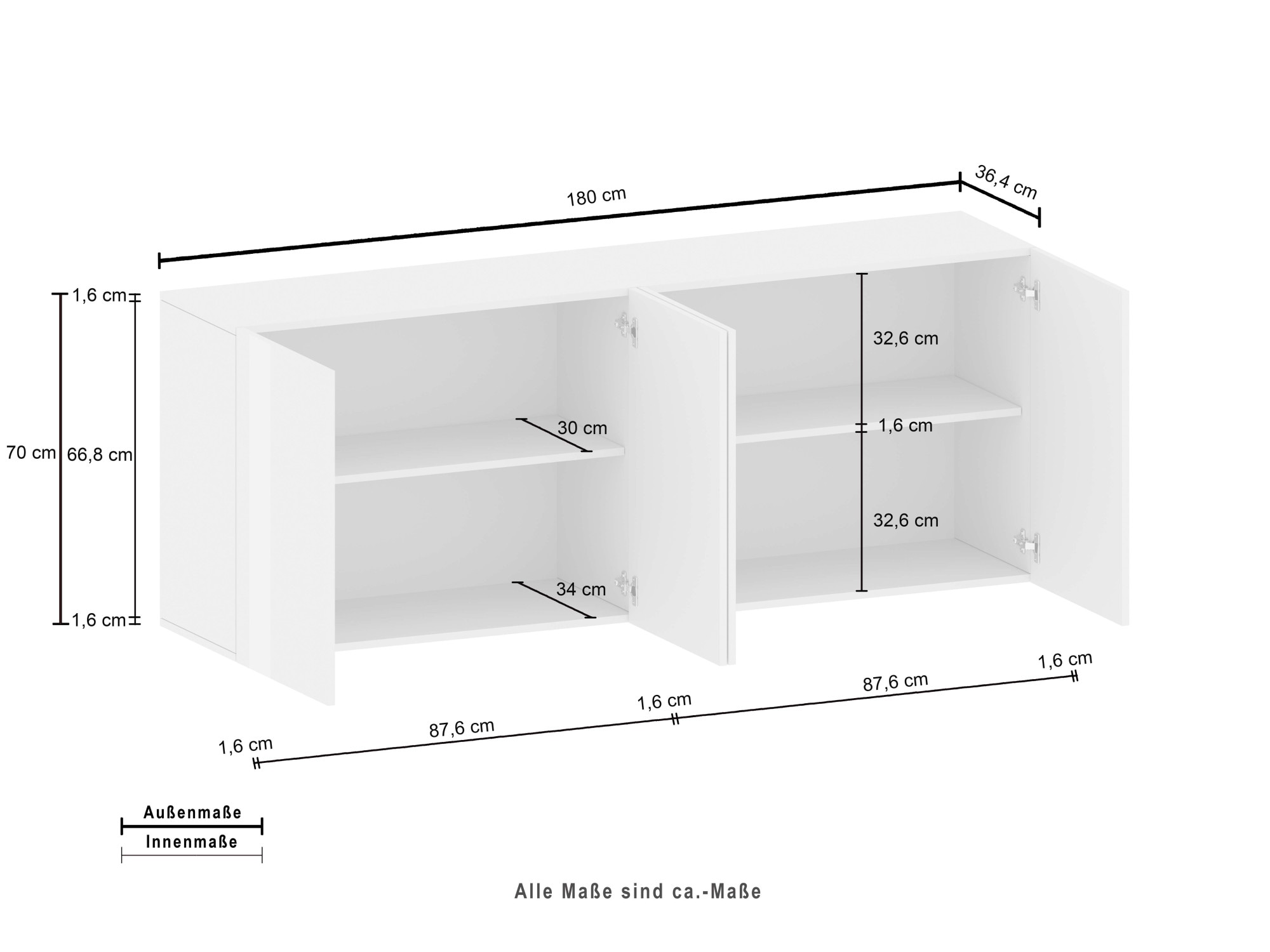 INOSIGN Sideboard »Egypt, Kommode, Schrank, Kredenz, grifflos«, 4 Türen, Hochglanz lackiert, Breite 180