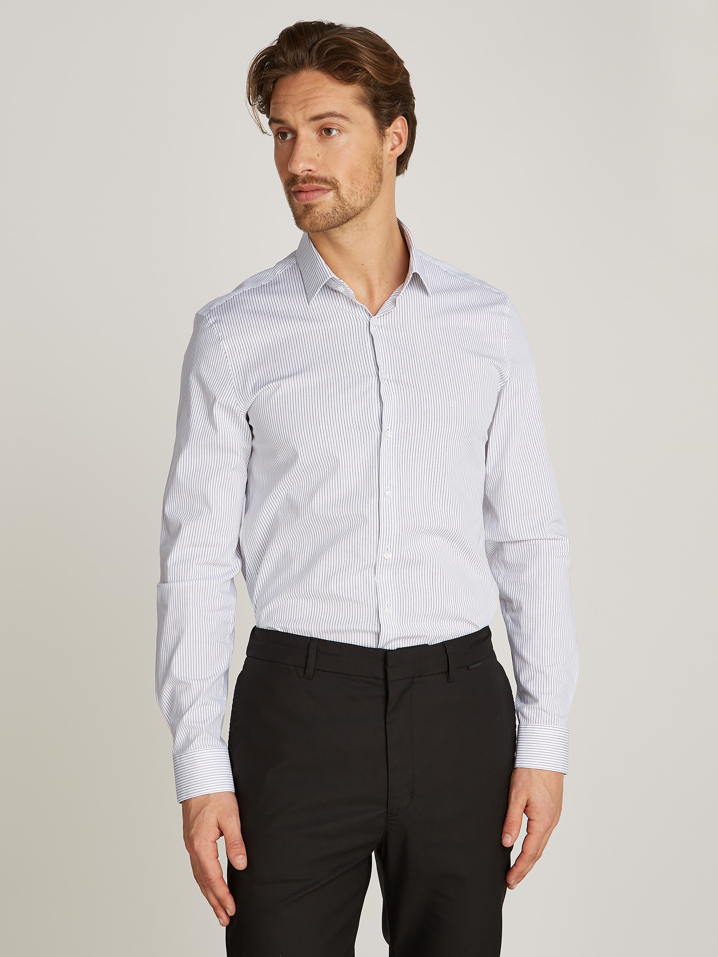 Image of Calvin Klein Langarmhemd "POPLIN STRIPE SLIM SHIRT" in gesteifter Optik