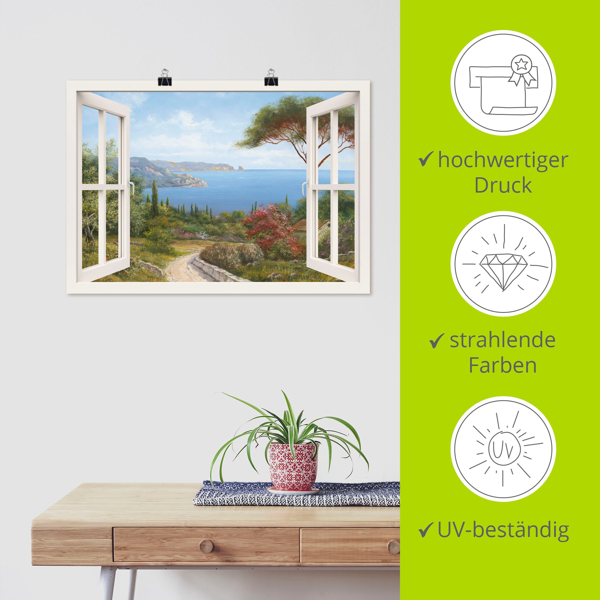 Artland Wandbild »Fensterblick - Haus am Meer I«, Fensterblick, (1 St.), als Leinwandbild, Poster, Wandaufkleber in verschied. Grössen