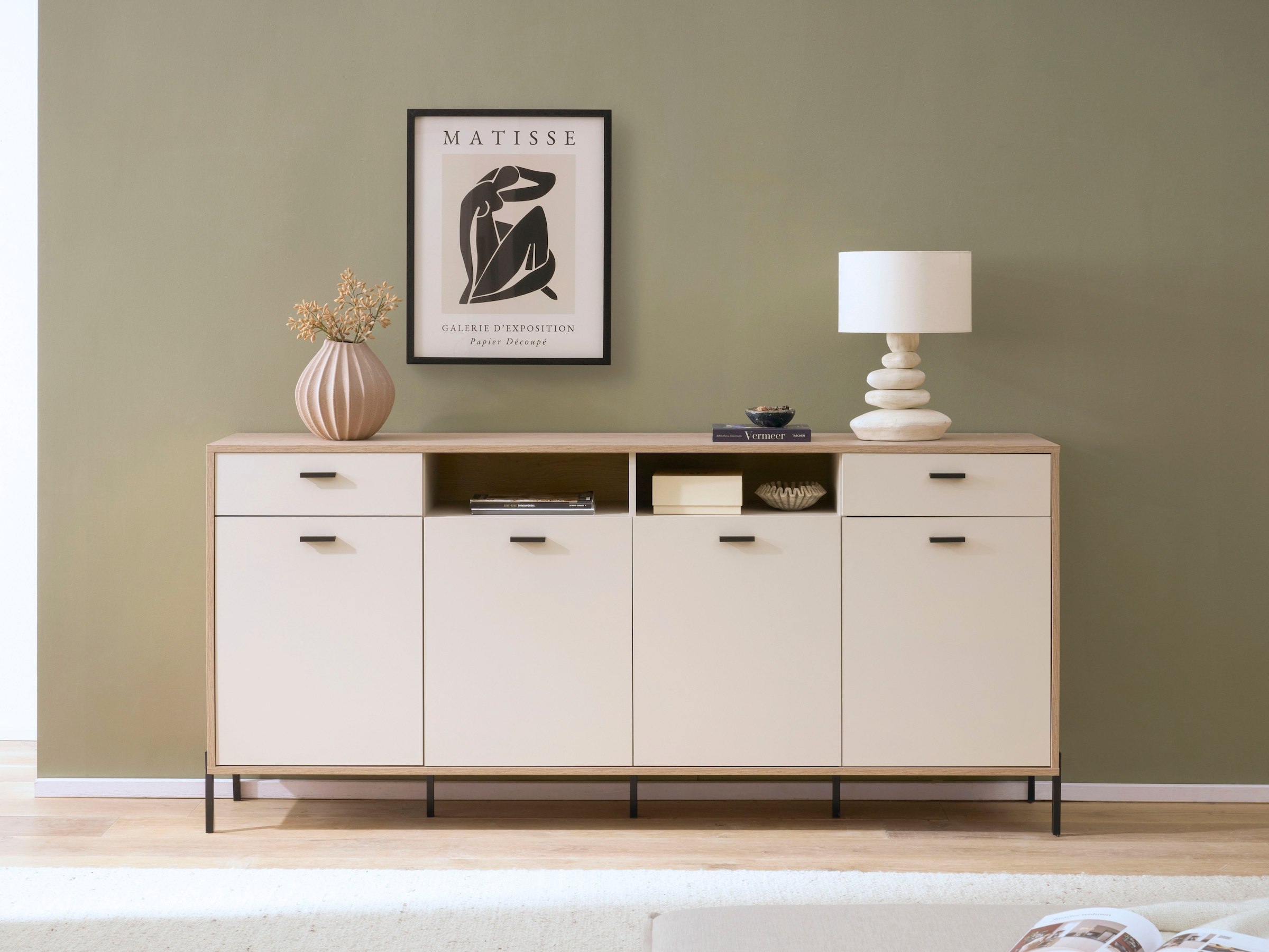Image of Home affaire Sideboard "Fredericia, moderne Kommode, Schrank in Kaschmir, 205 cm breit" zeitlos, schwarze Metallgriffe und -füsse, ausreichend Stauraum