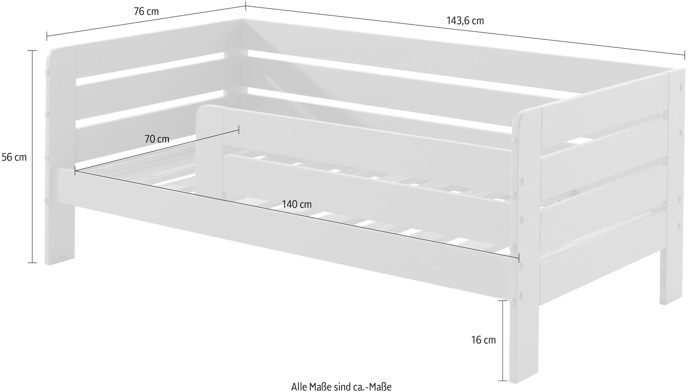 Vipack Lit d'enfant »Junior, Kiefermassiv mit umlaufendem Absturzschutz und Rolllattenrost« L/H/P env. 143,6x56x70 cm, avec entrée de lit basse,  au choix en 2 couleurs, avec ou sans tiroir