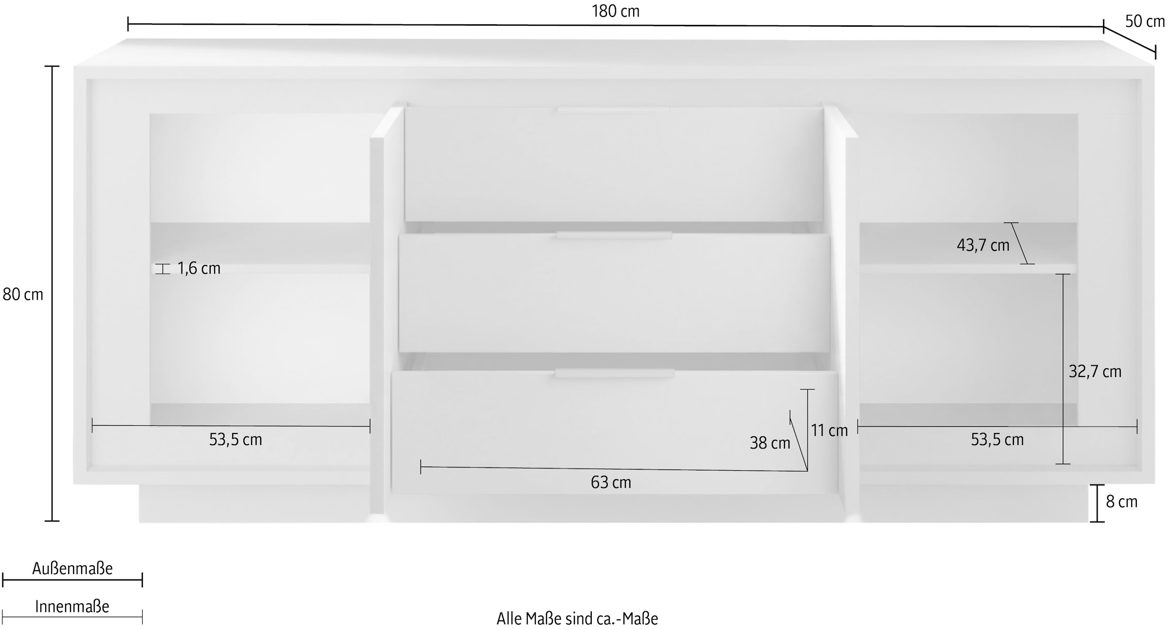 Home affaire Buffet »Sky, B/T 180/50 cm, Kommode/Stauraumschrank, 2 Türen, 3 Schubkästen« Fermeture douce, corps & façade épais de 22 mm, aspect cadre, poignées en métal