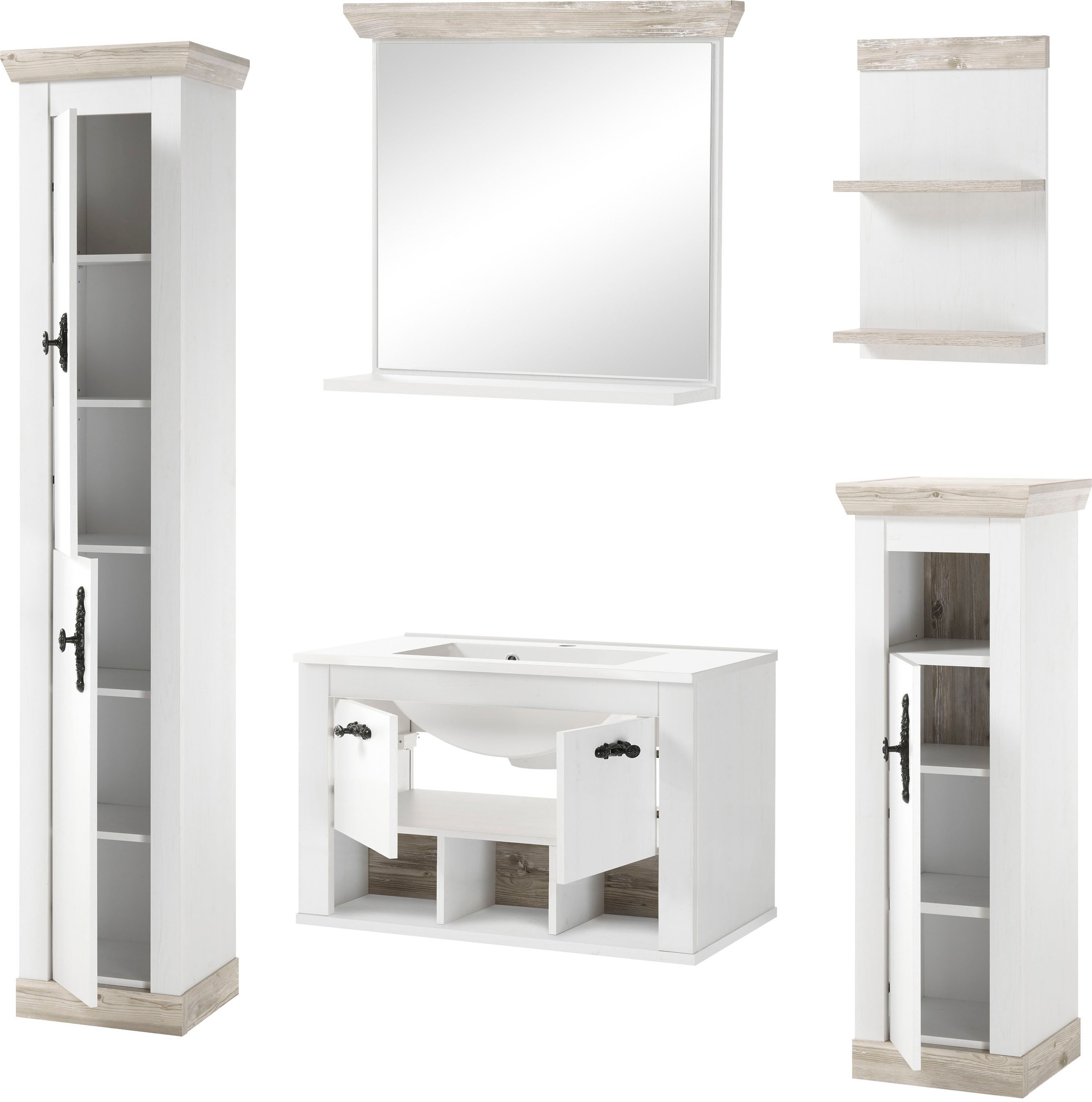 Home affaire Badmöbel-Set »Florenz, Bad im Landhausstil, 5-teiliges Badezimmer«, (5 St.), Hänge-Waschtisch, Schränke, Wandboard und Spiegel, in Pinie Weiss