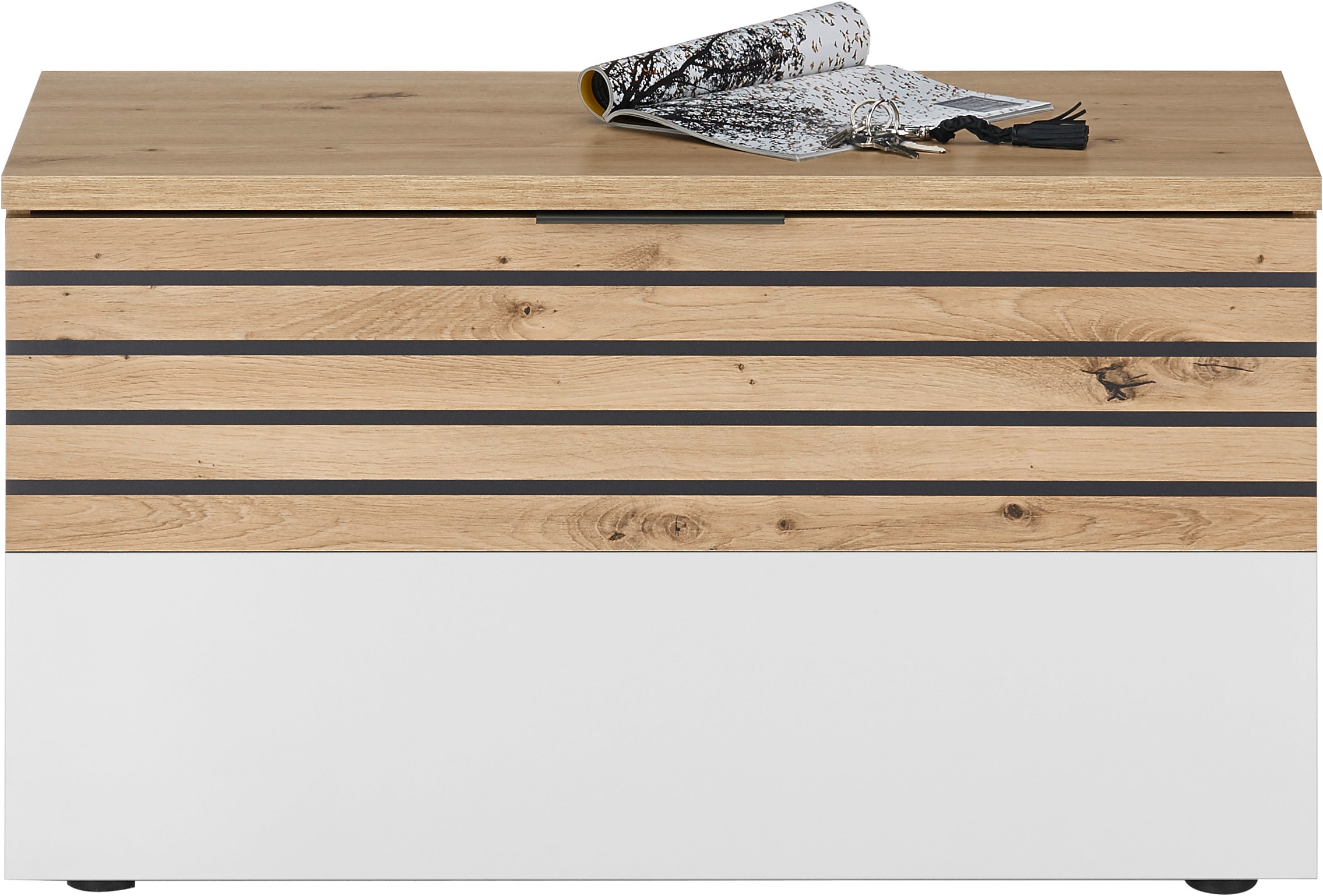 HBZ Garderoben-Set »5-tlg. Eiche Stripes Optik Flurgarderobe Stellmass BxHxT 260x197x38 cm«, (5 St.), Mit Schuhkommode, Hochschrank, Bank, Paneel, Spiegel