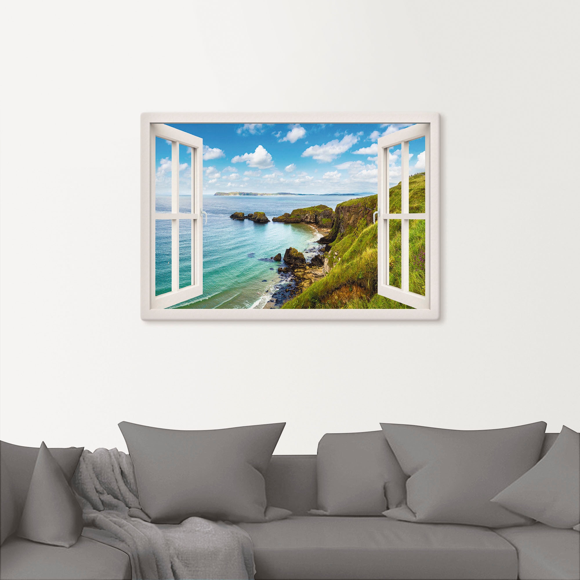 Artland Wandbild »Küstenweg in Nordirland durchs Fenster«, Meer Bilder, (1 St.), als Leinwandbild, Wandaufkleber oder Poster in versch. Grössen
